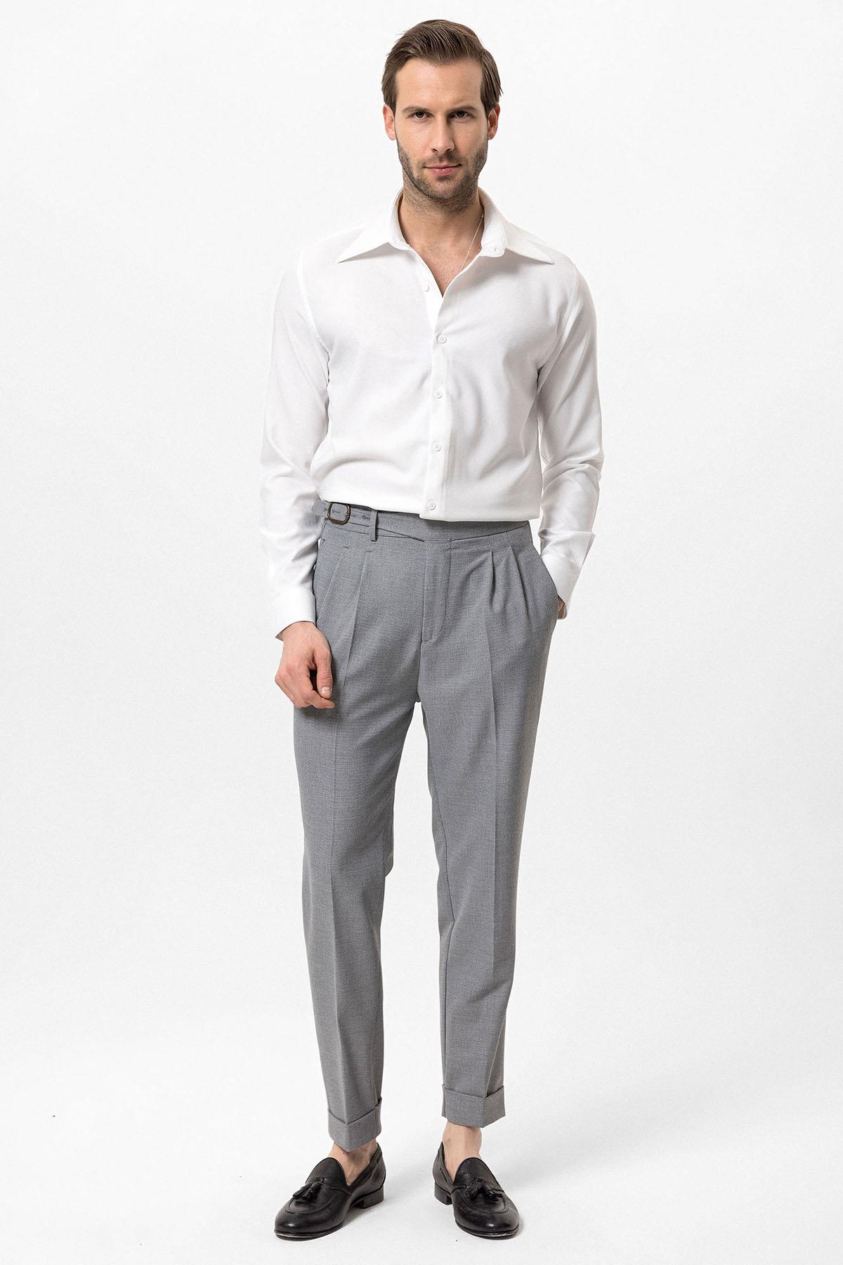 Antioch-Koyu Gri Yüksek Bel Pileli Toka Detaylı Erkek Pantolon-Pantolon-3-Milagron.com