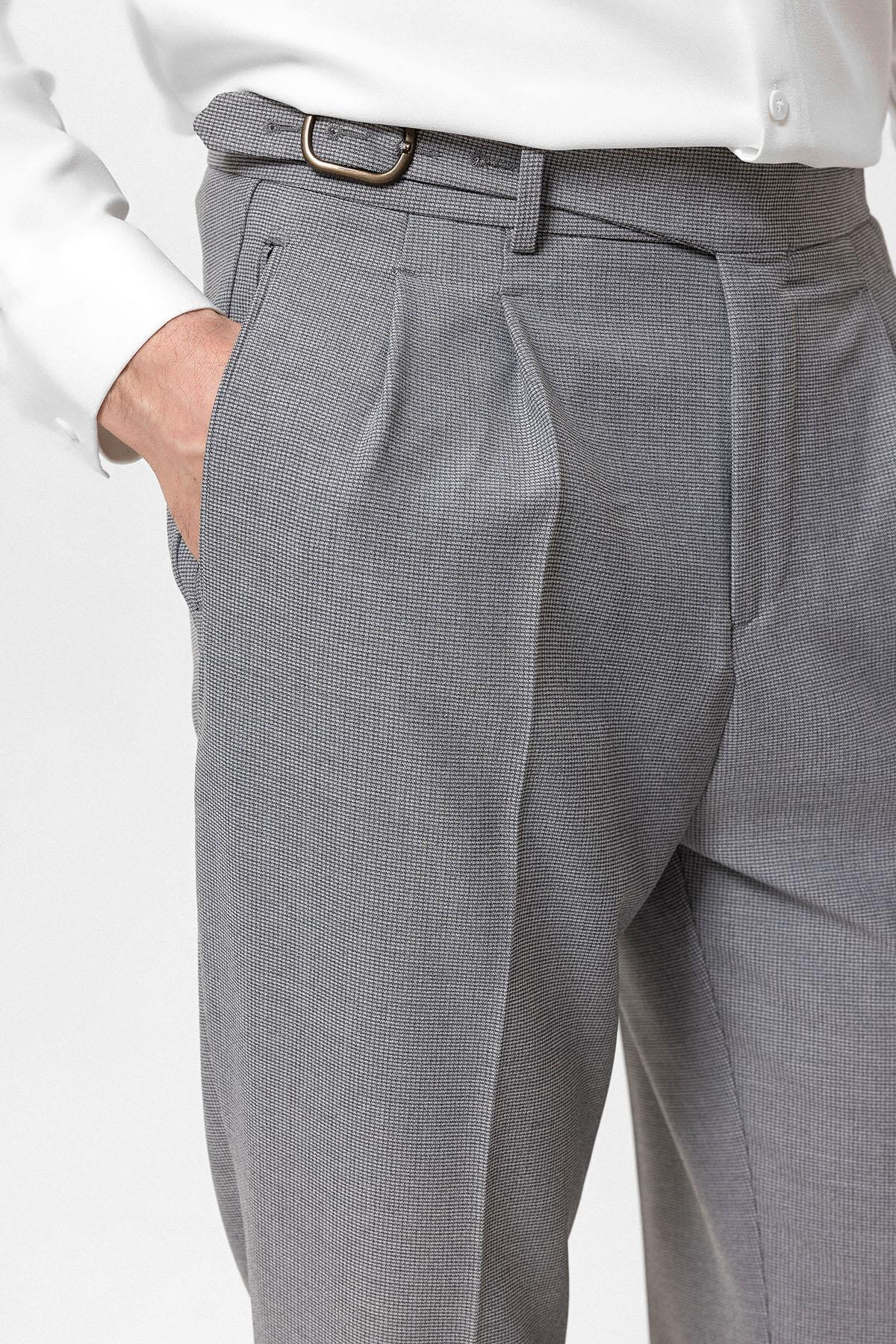 Antioch-Koyu Gri Yüksek Bel Pileli Toka Detaylı Erkek Pantolon-Pantolon-4-Milagron.com