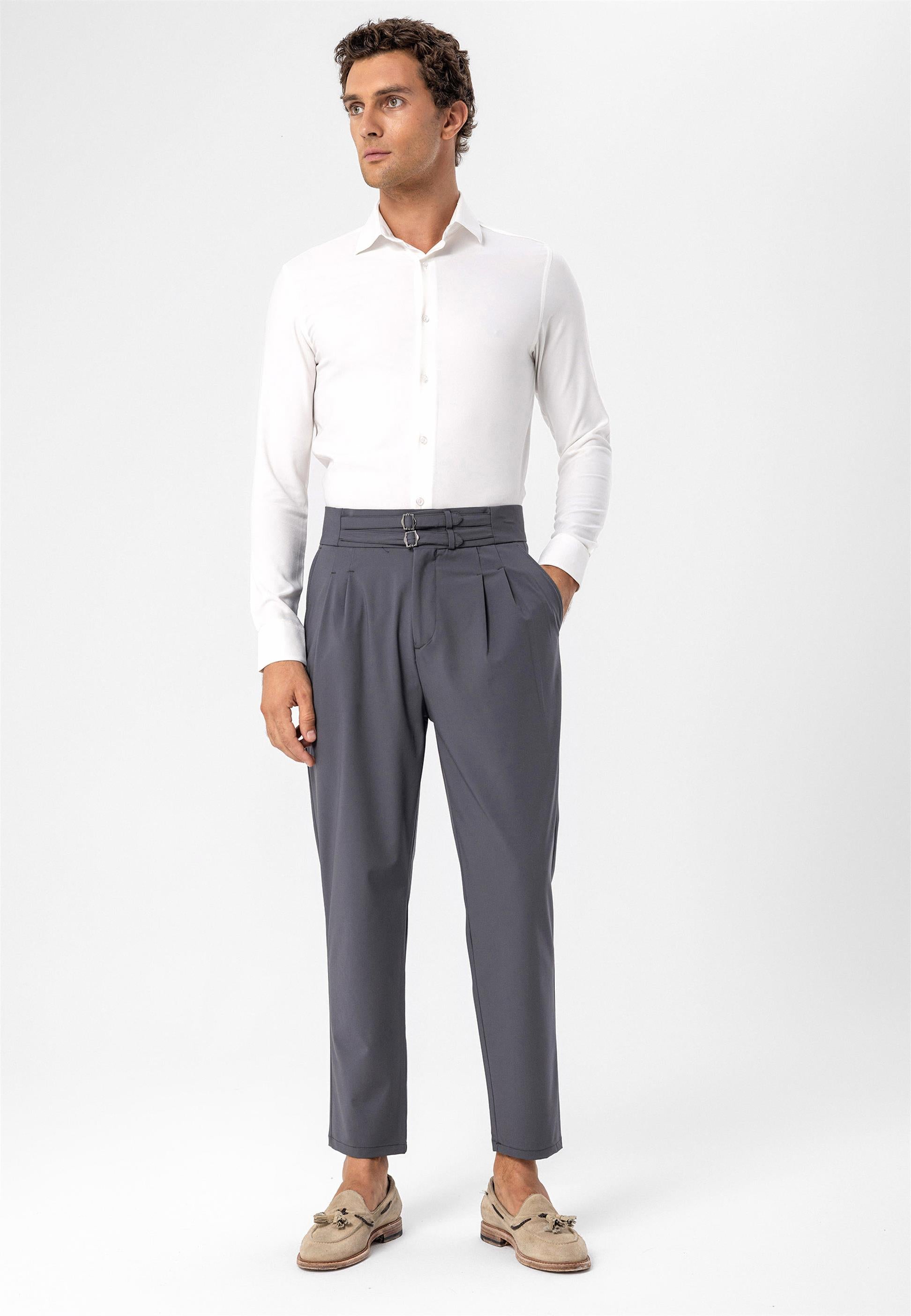 Antioch-Koyu Gri Yüksek Bel Toka Kemerli Pileli Kumaş Pantolon-Pantolon-1-Milagron.com