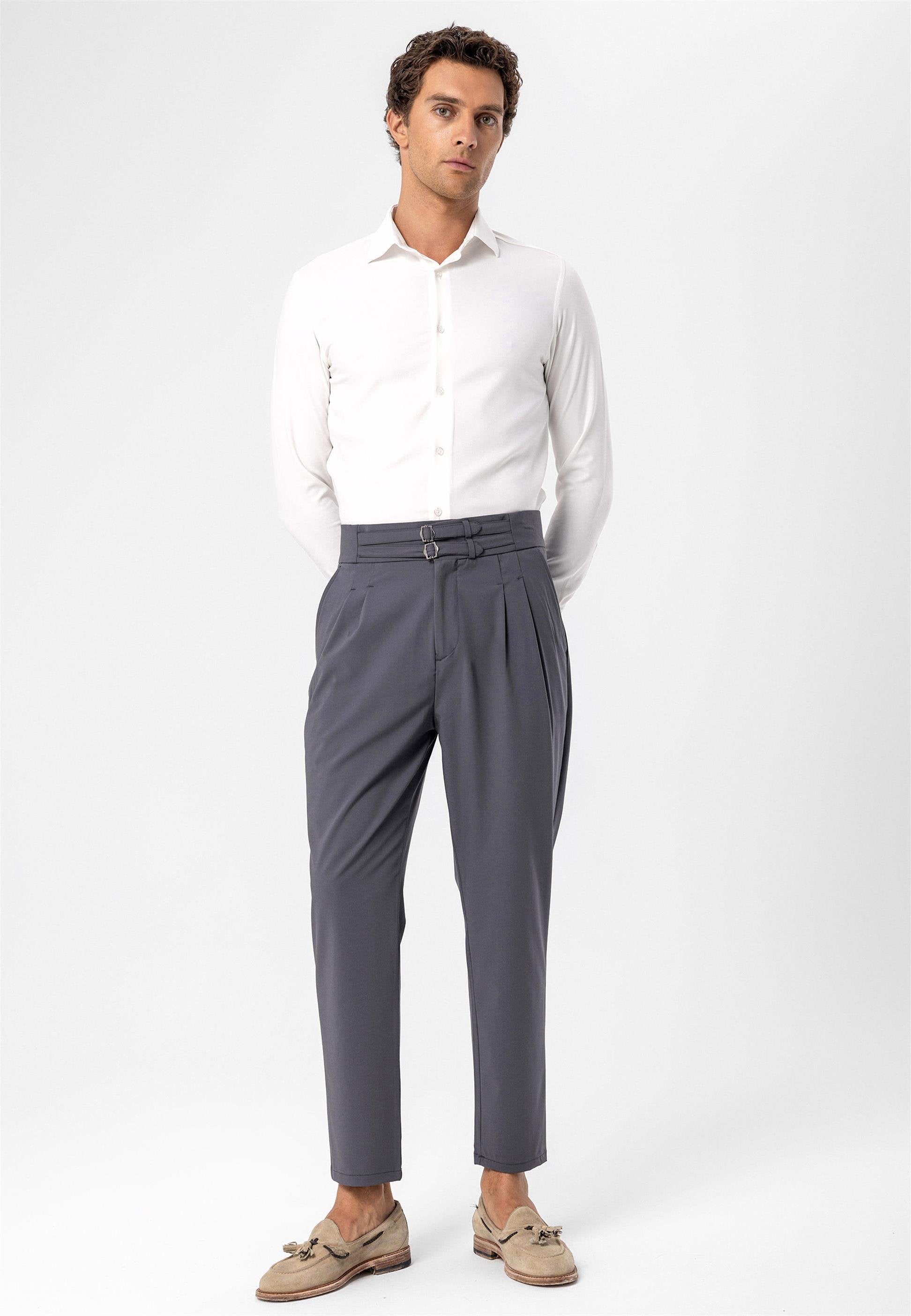 Antioch-Koyu Gri Yüksek Bel Toka Kemerli Pileli Kumaş Pantolon-Pantolon-2-Milagron.com