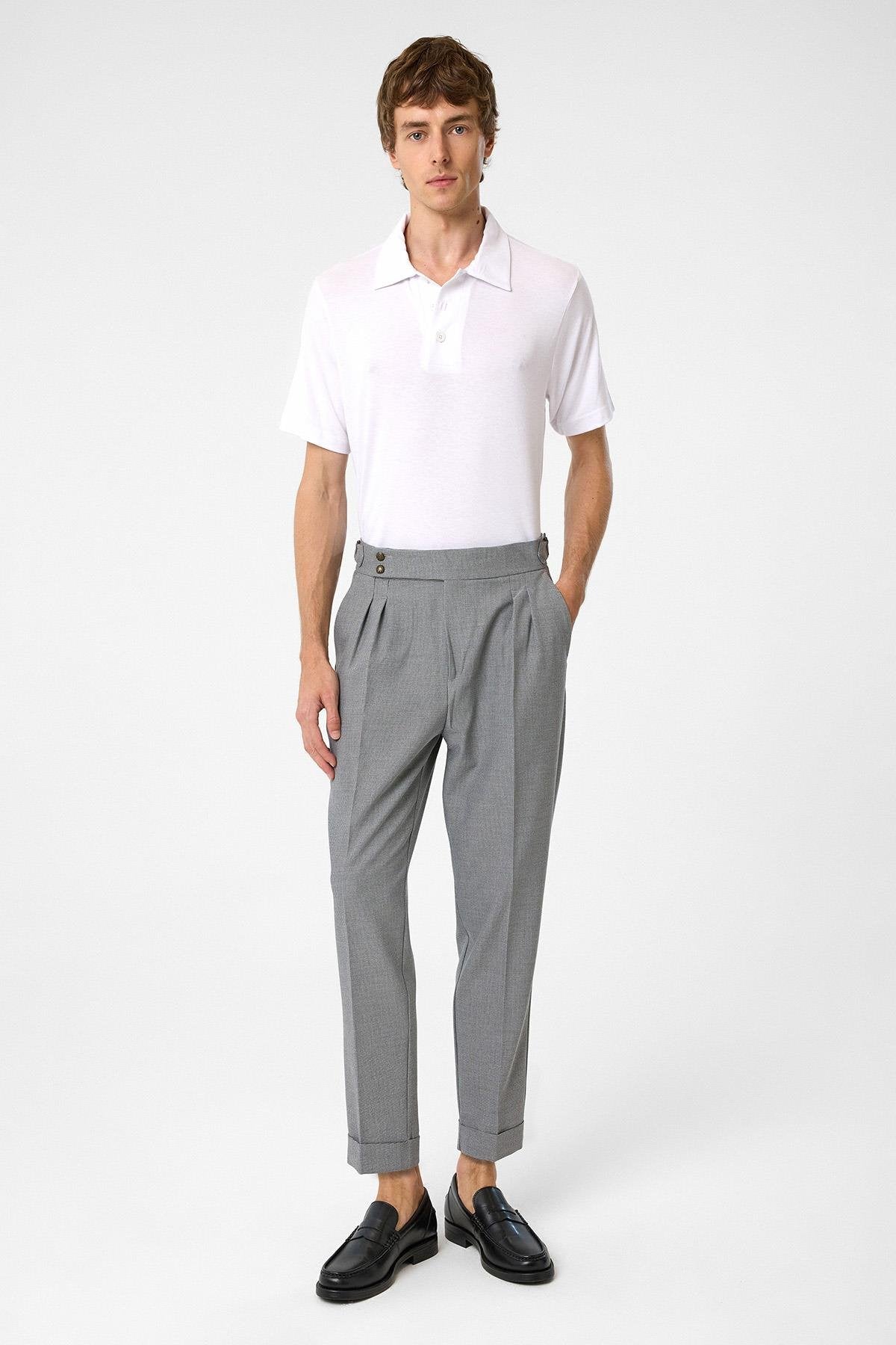 Antioch-Koyu Gri Yüksek Bel Yandan Tokalı Pileli Kumaş Pantolon-Kumaş Pantolon-2-Milagron.com