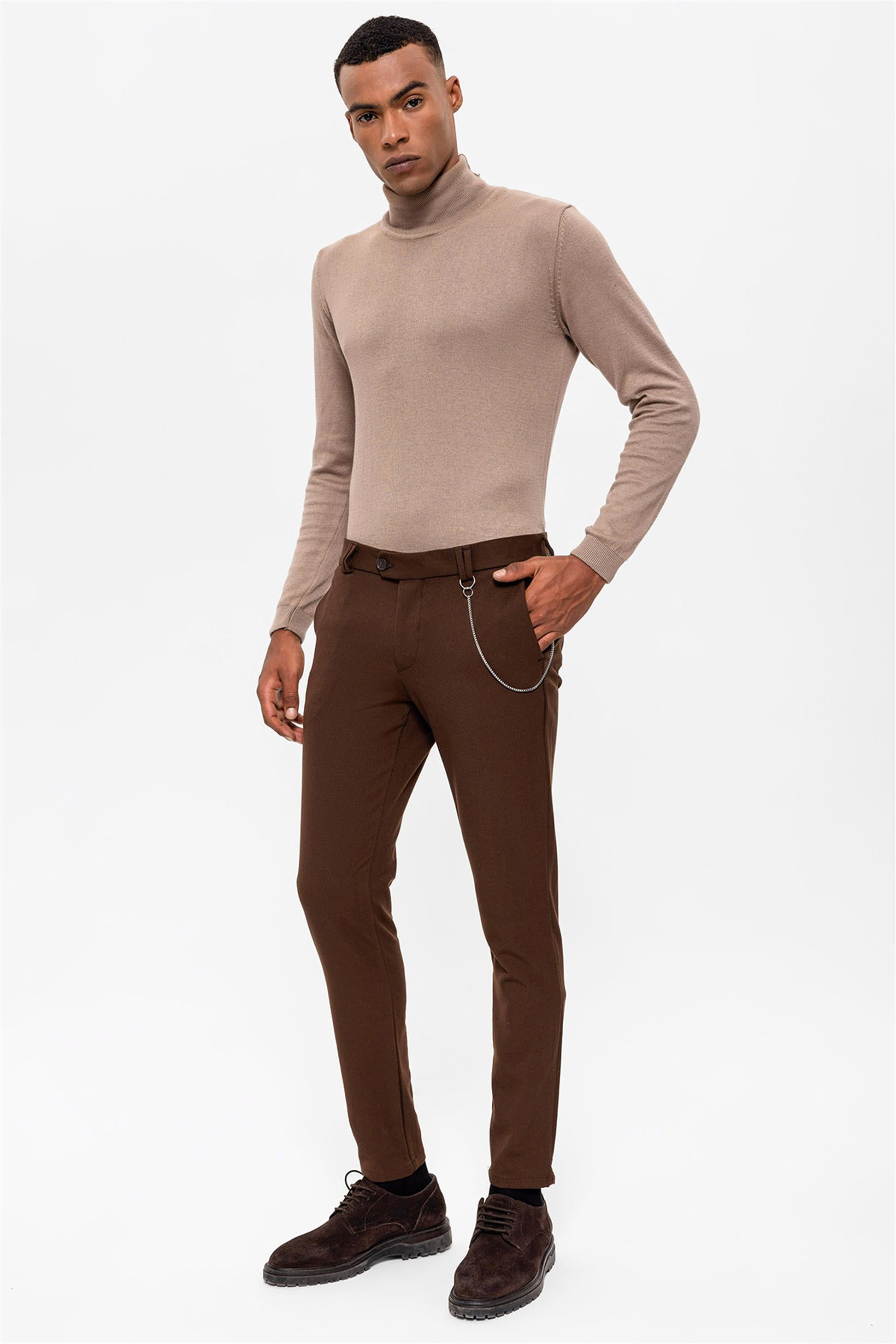 Antioch-Koyu Kahve Erkek Slim Fit Düz Aksesuarlı Kumaş Pantolon-Kumaş Pantolon-1-Milagron.com
