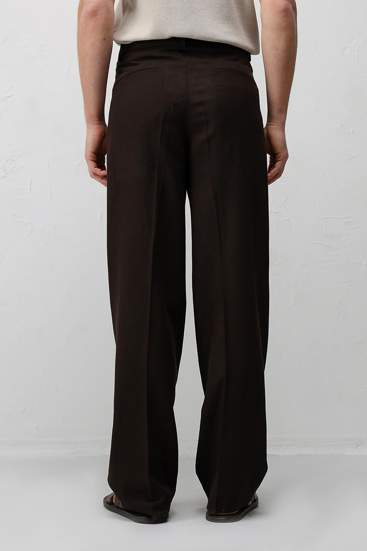 Antioch Koyu Kahve Keten Karışımlı Erkek Baggy Pantolon