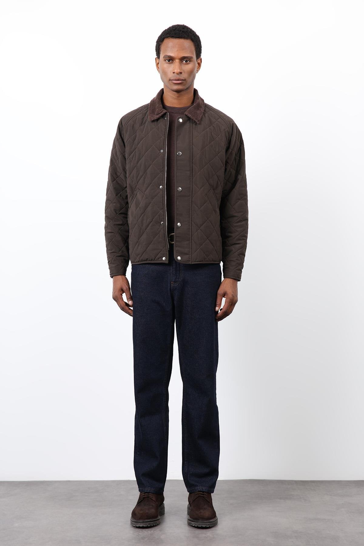 Antioch-Koyu Kahve Kontrast Yaka Baklava Desenli Erkek Mont-Mont-3-Milagron.com