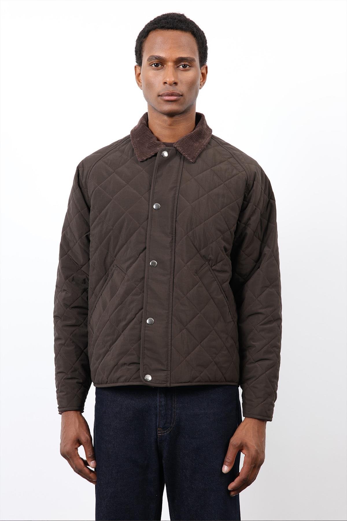 Antioch-Koyu Kahve Kontrast Yaka Baklava Desenli Erkek Mont-Mont-4-Milagron.com