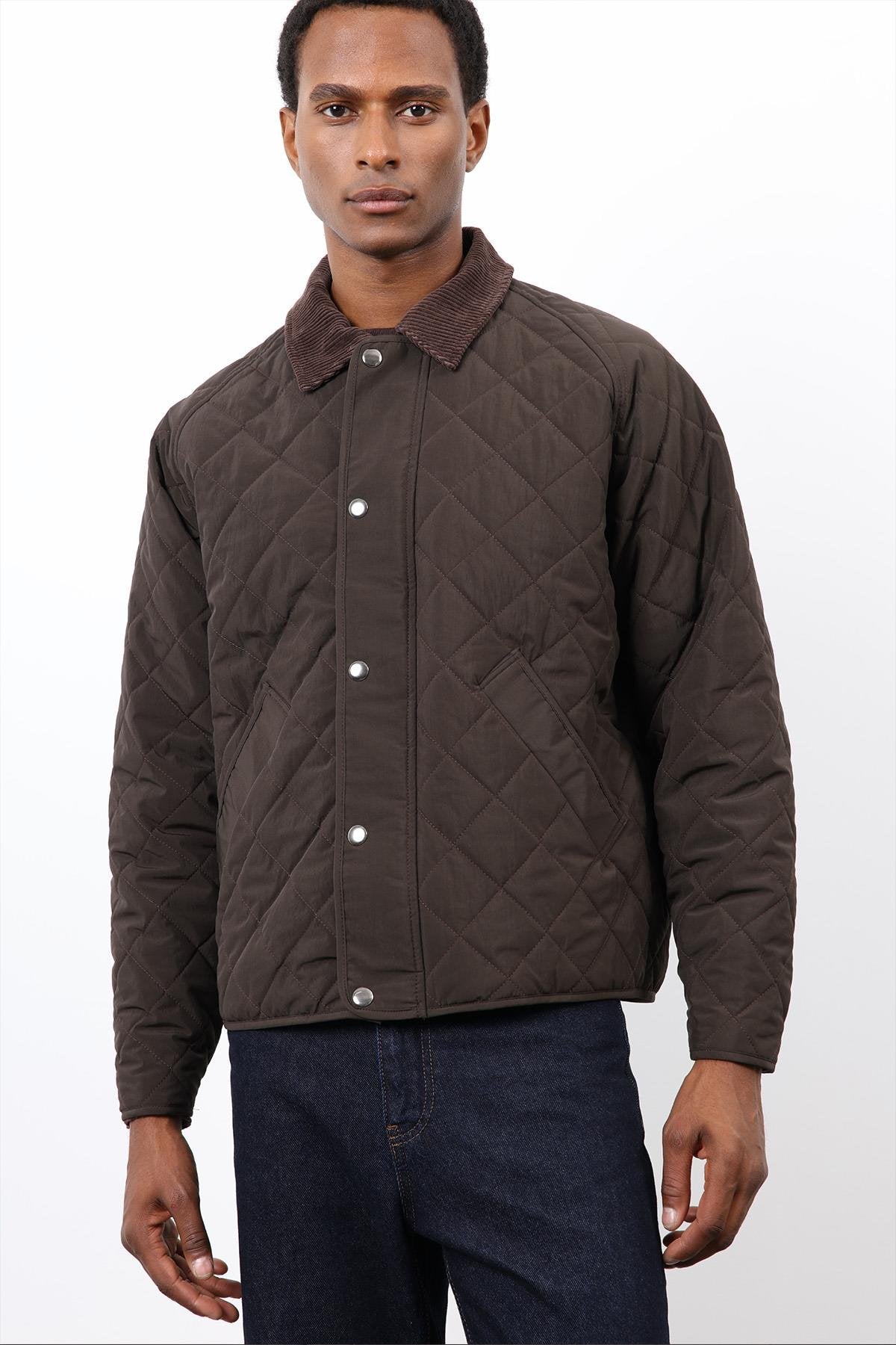 Antioch-Koyu Kahve Kontrast Yaka Baklava Desenli Erkek Mont-Mont-5-Milagron.com