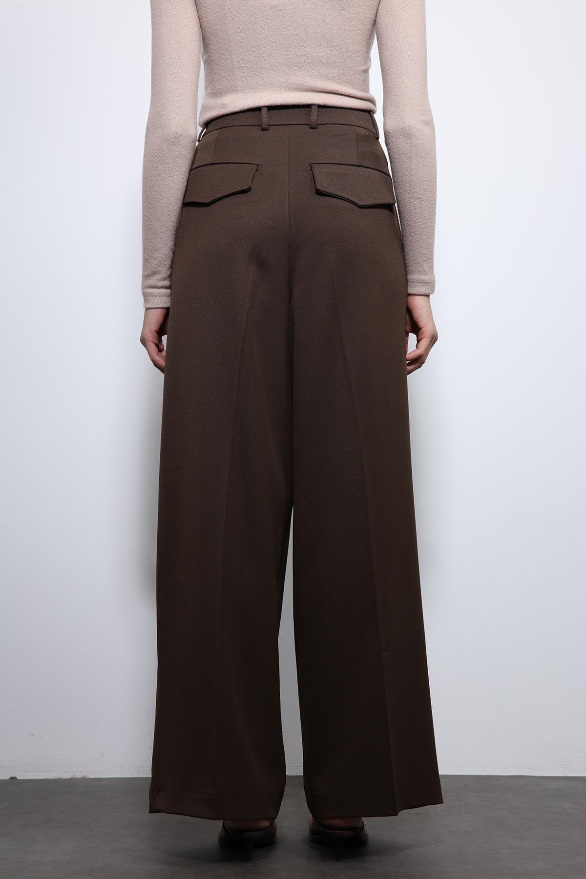 Antioch-Koyu Kahve Pileli Palazzo Kadın Pantolon-Kumaş Pantolon-6-Milagron.com