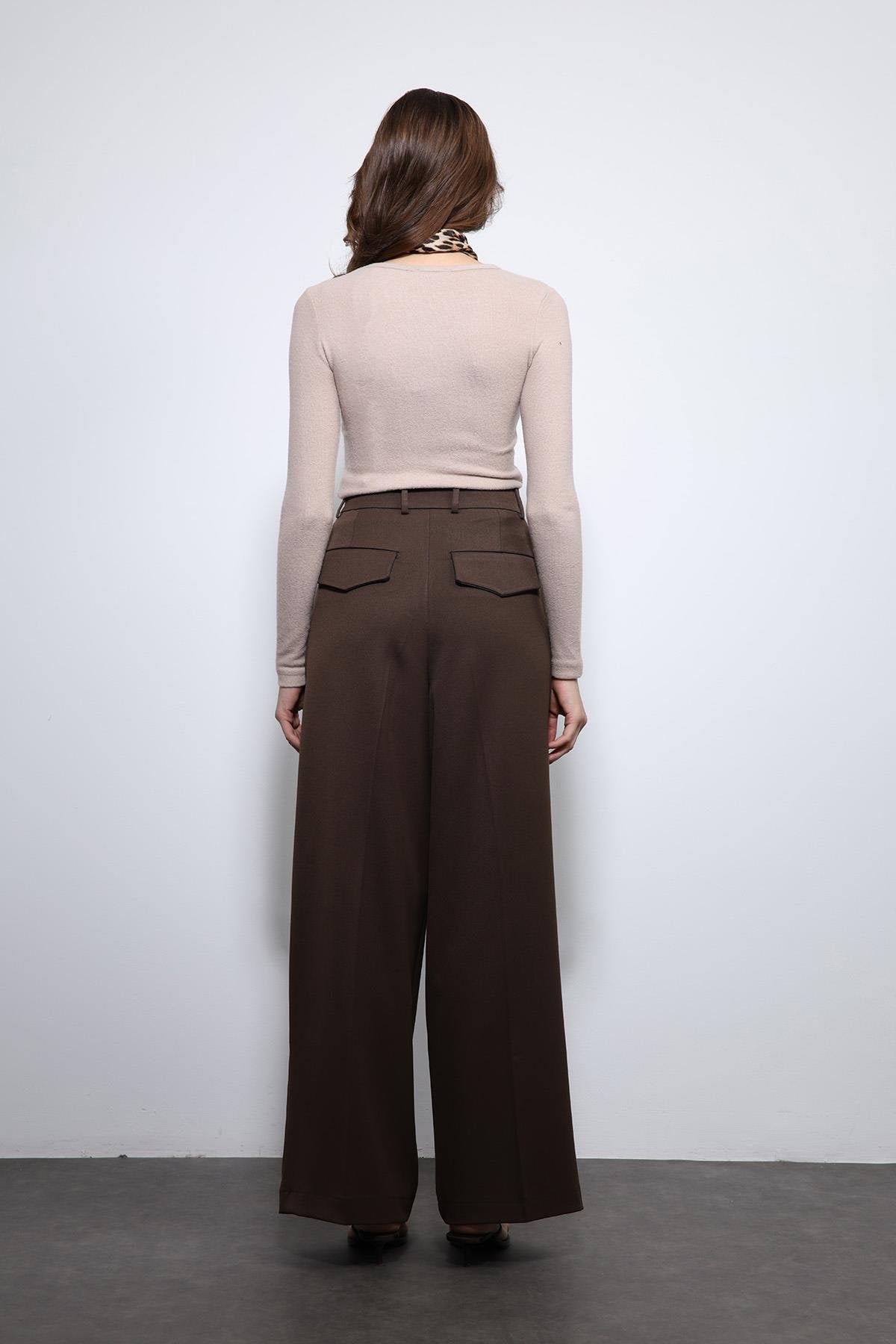 Antioch-Koyu Kahve Pileli Palazzo Kadın Pantolon-Kumaş Pantolon-7-Milagron.com