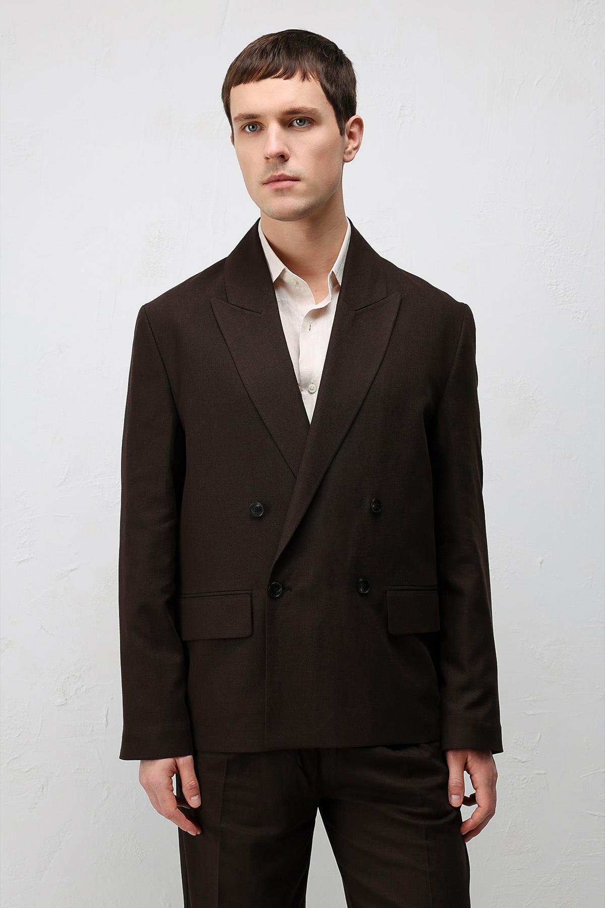 Antioch Koyu Kahve Relax Fit Keten Karışımlı Erkek Blazer Ceket