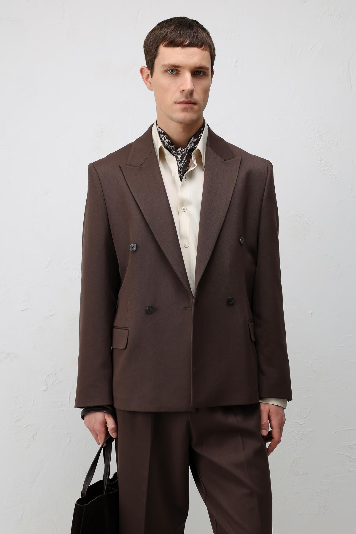 Antioch Koyu Kahve Relax Fit Kruvaze Erkek Blazer Ceket