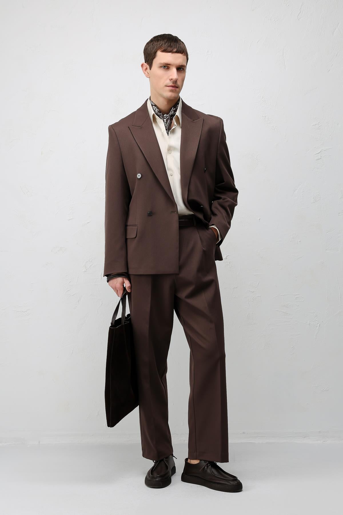 Antioch Koyu Kahve Relax Fit Kruvaze Erkek Blazer Ceket