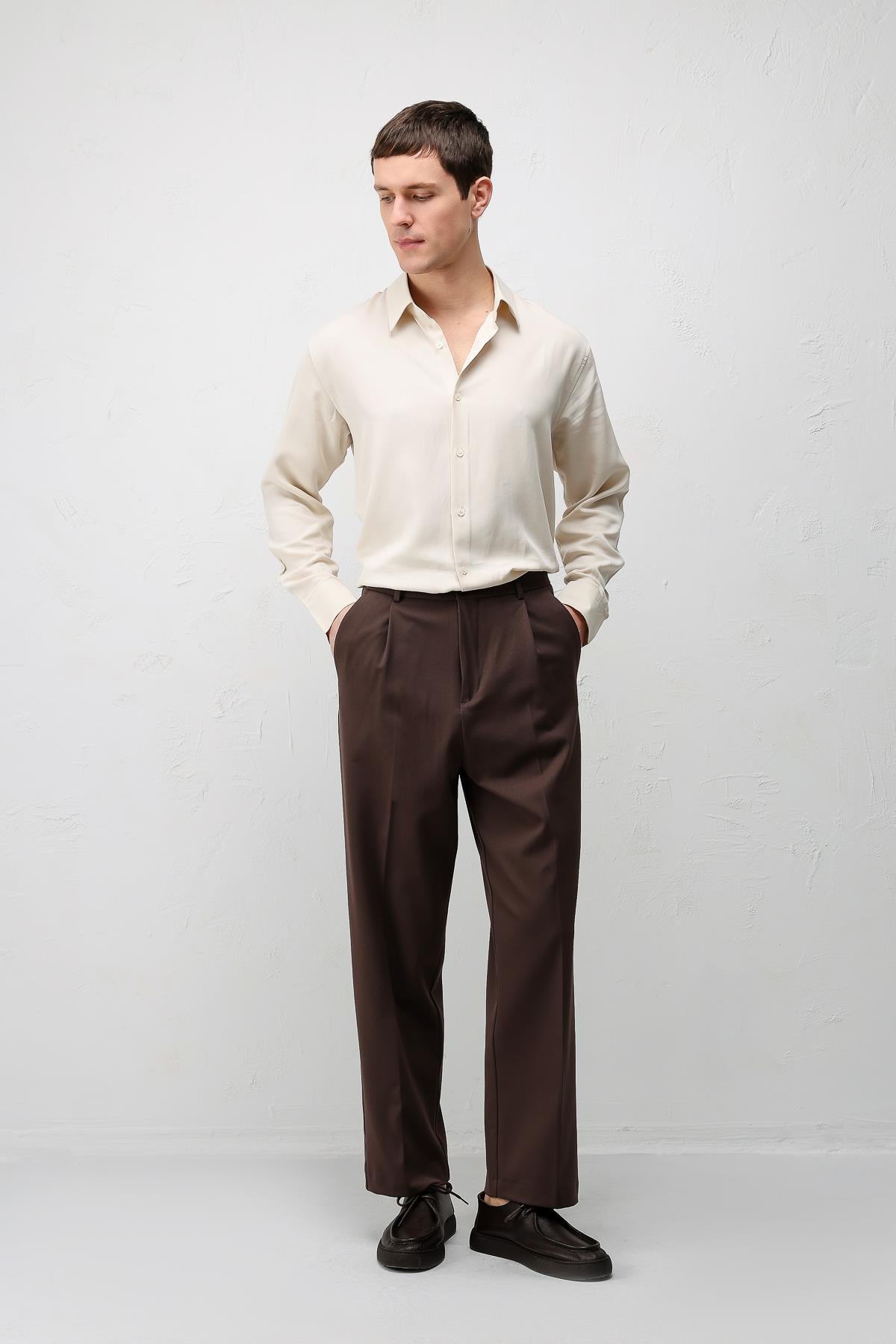 Antioch Koyu Kahve Relax Fit Pilili Erkek Pantolon