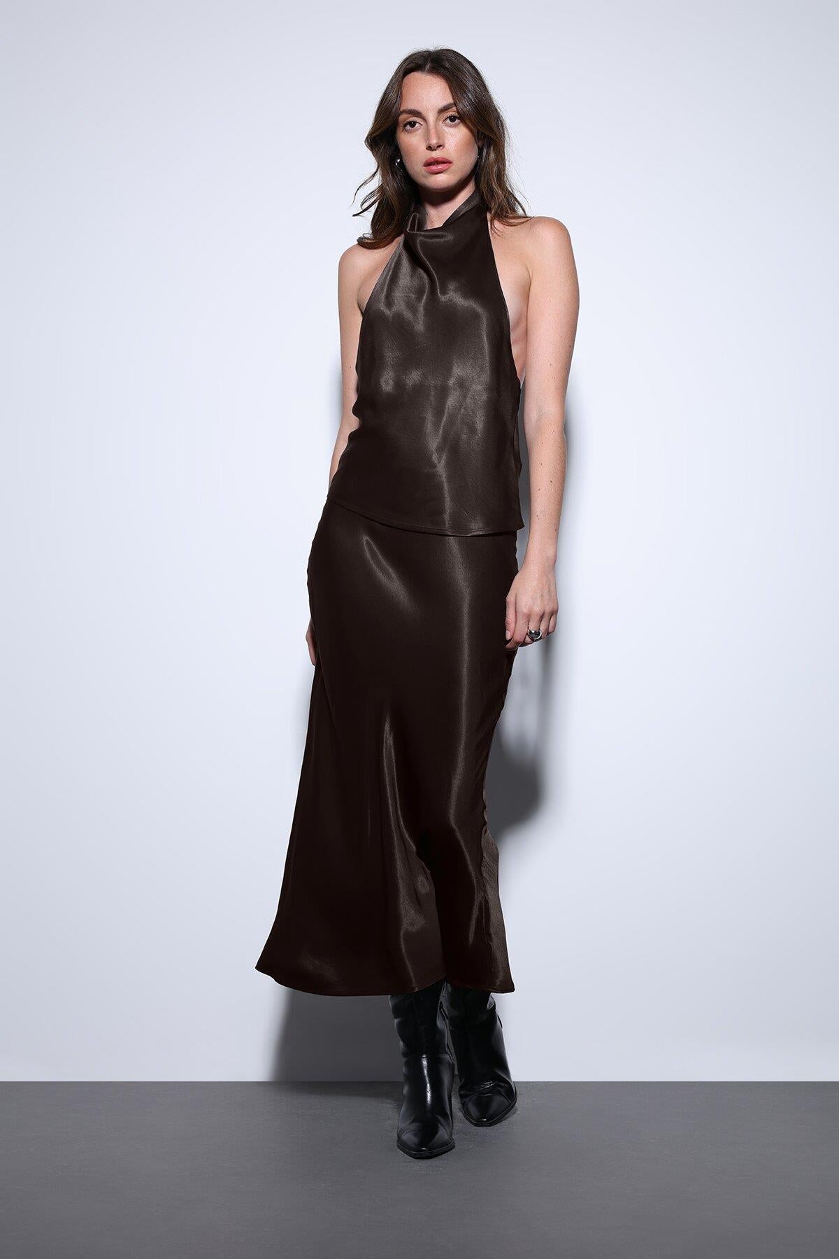 Antioch Koyu Kahve Saten Halter Kadın Top
