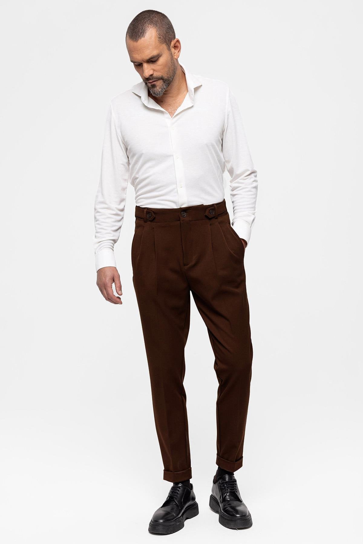 Antioch-Koyu Kahve Yüksek Bel (Boyfriend) Pileli Kumaş Pantolon-Kumaş Pantolon-2-Milagron.com