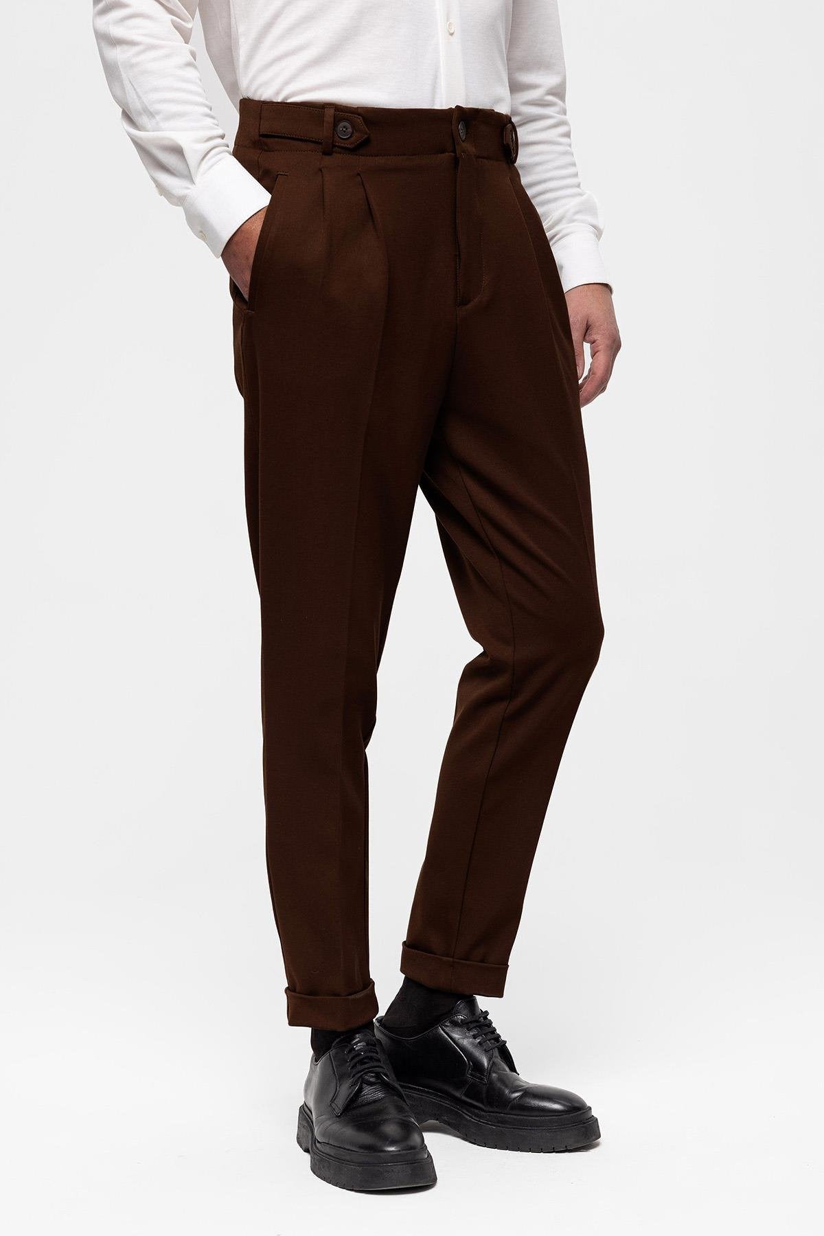 Antioch-Koyu Kahve Yüksek Bel (Boyfriend) Pileli Kumaş Pantolon-Kumaş Pantolon-3-Milagron.com