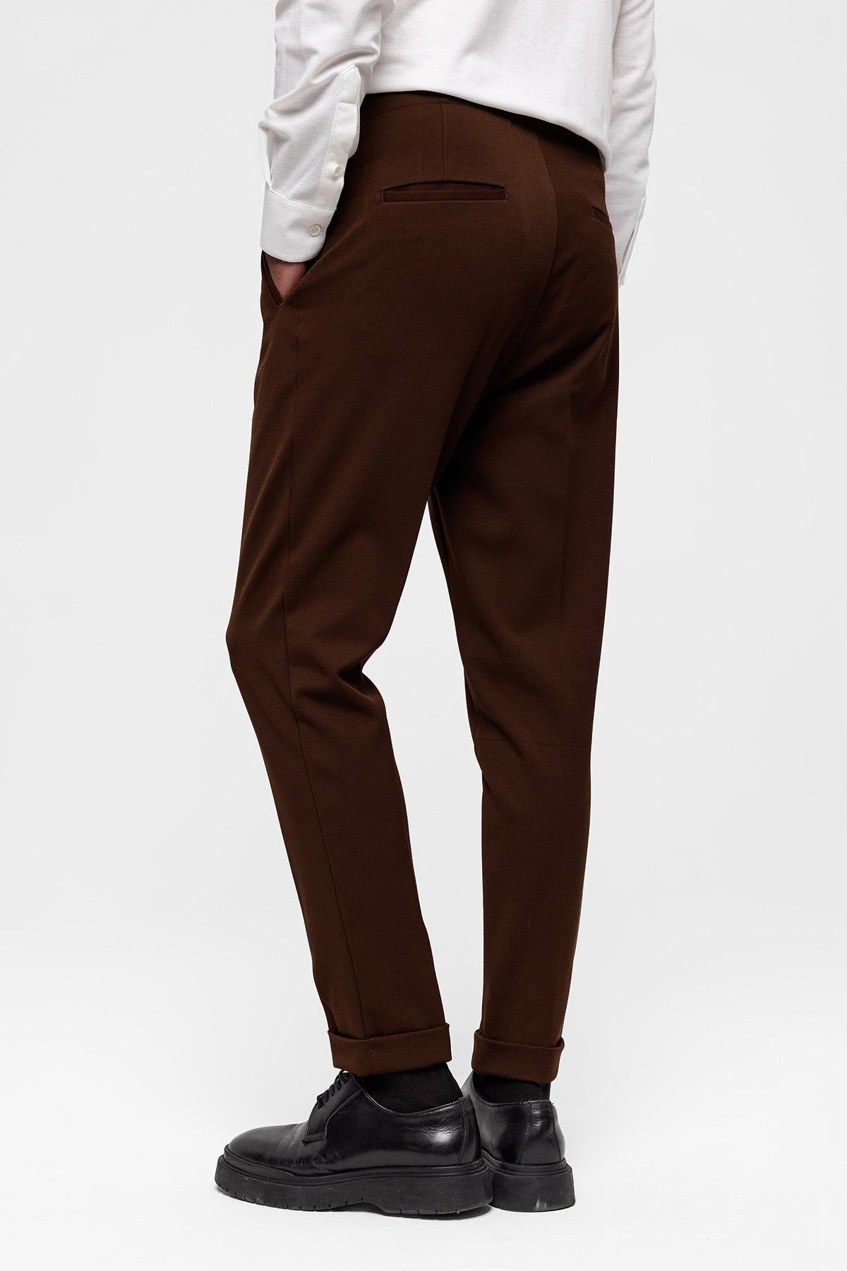 Antioch-Koyu Kahve Yüksek Bel (Boyfriend) Pileli Kumaş Pantolon-Kumaş Pantolon-5-Milagron.com