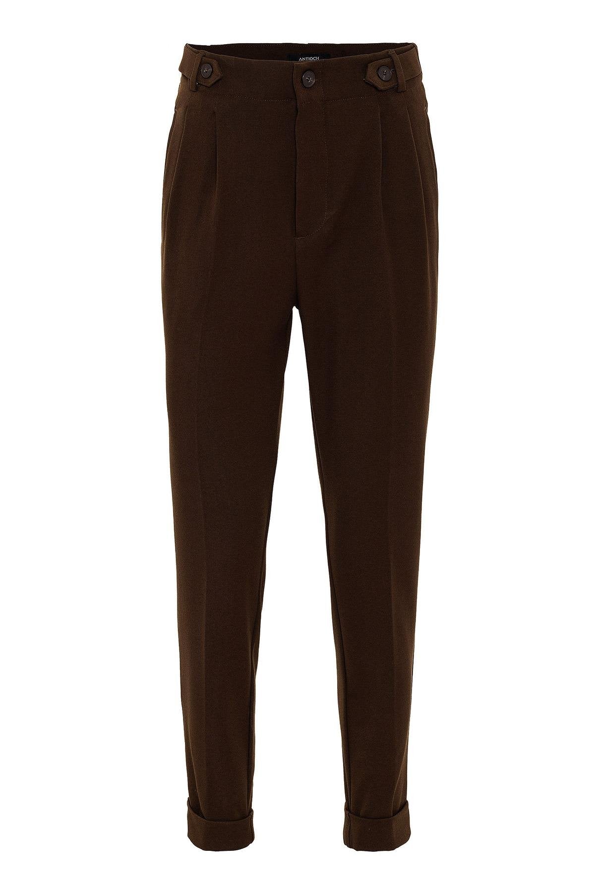 Antioch-Koyu Kahve Yüksek Bel (Boyfriend) Pileli Kumaş Pantolon-Kumaş Pantolon-6-Milagron.com