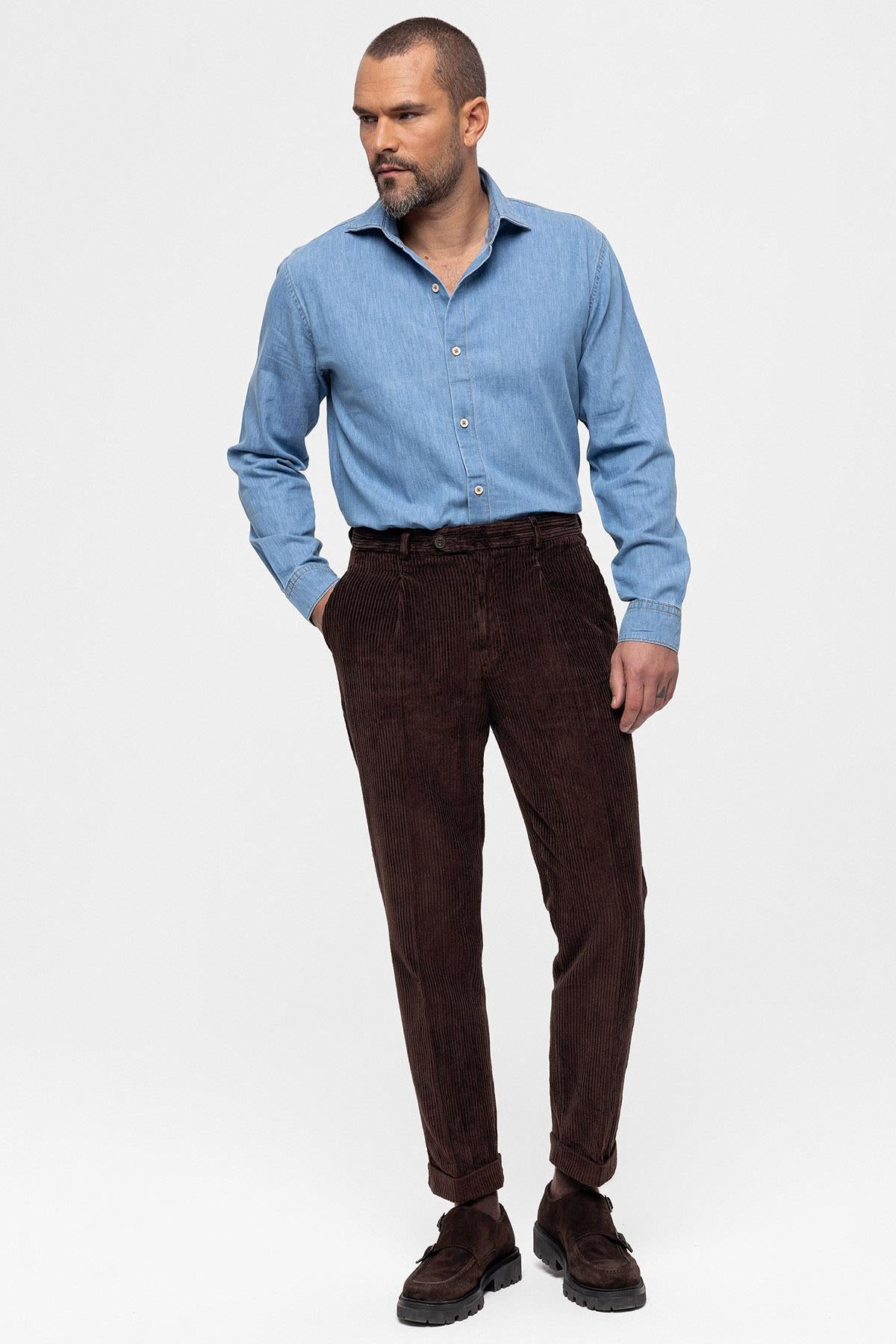 Antioch-Koyu Kahve Yüksek Bel Pileli Kadife Erkek Pantolon-Kumaş Pantolon-2-Milagron.com