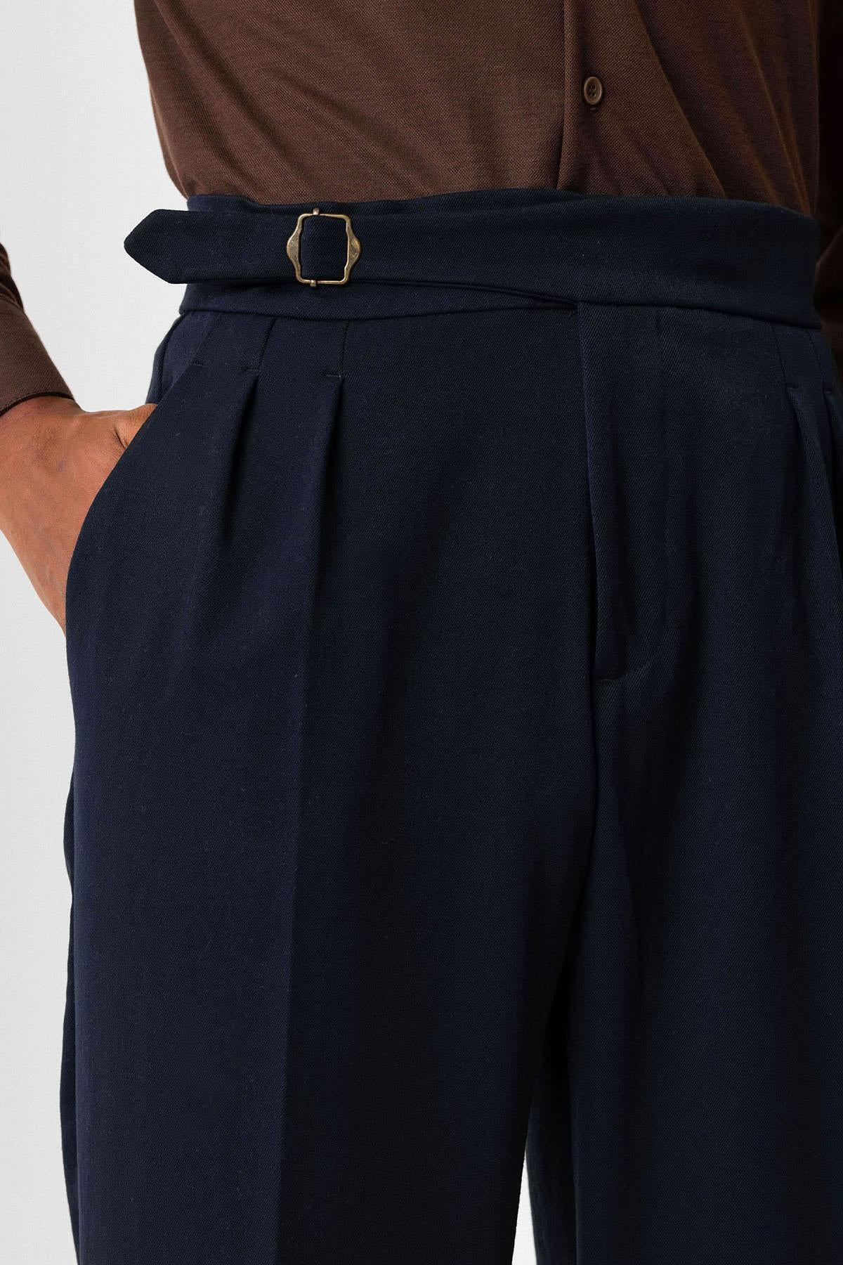 Antioch-Koyu Lacivert Toka Detaylı Pileli Yüksek Bel Erkek Pantolon-Kumaş Pantolon-5-Milagron.com