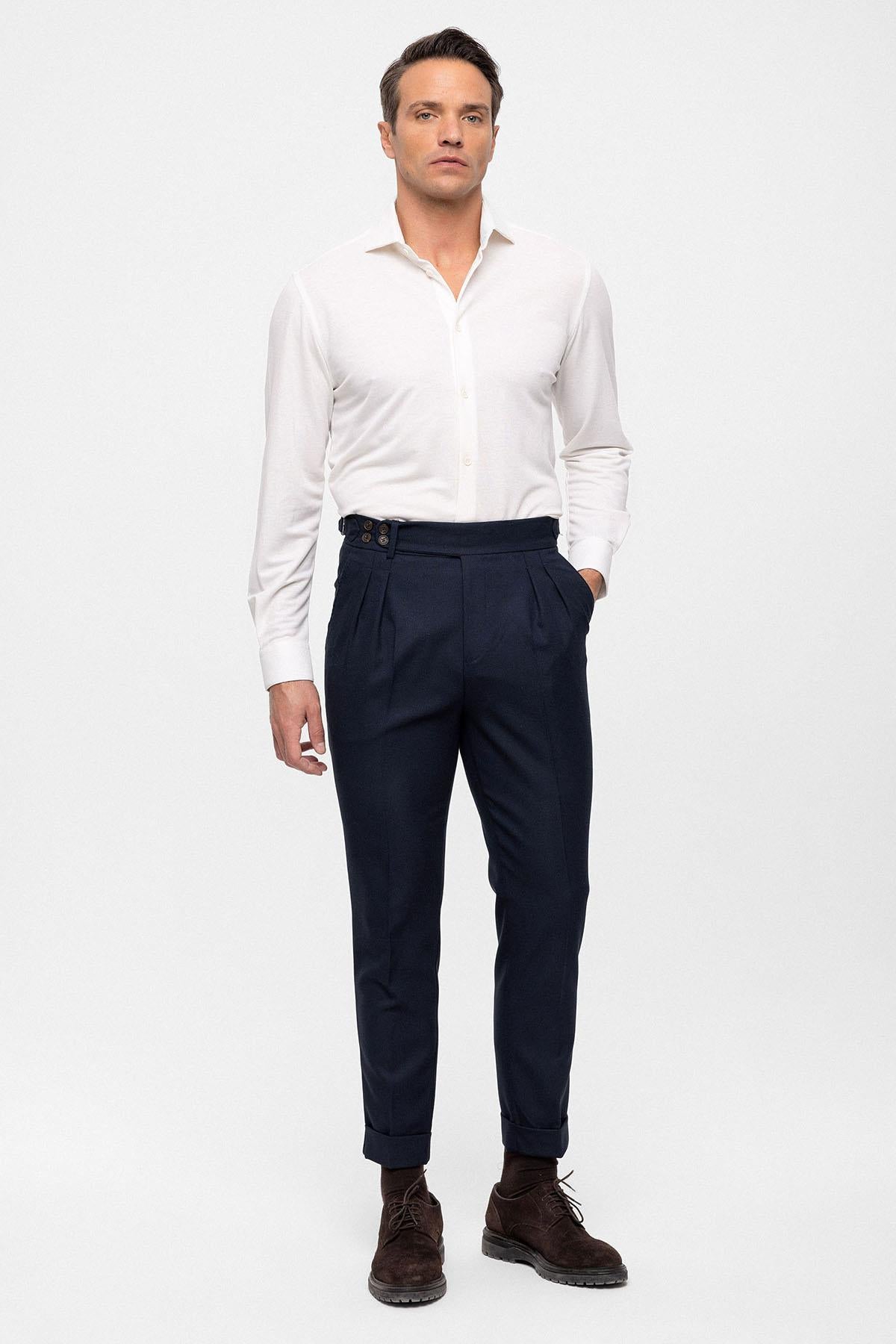 Antioch-Koyu Lacivert Yüksek Bel (Boyfriend) Yandan Tokalı Kemer Detaylı Pileli Kumaş Pantolon-Pantolon-1-Milagron.com