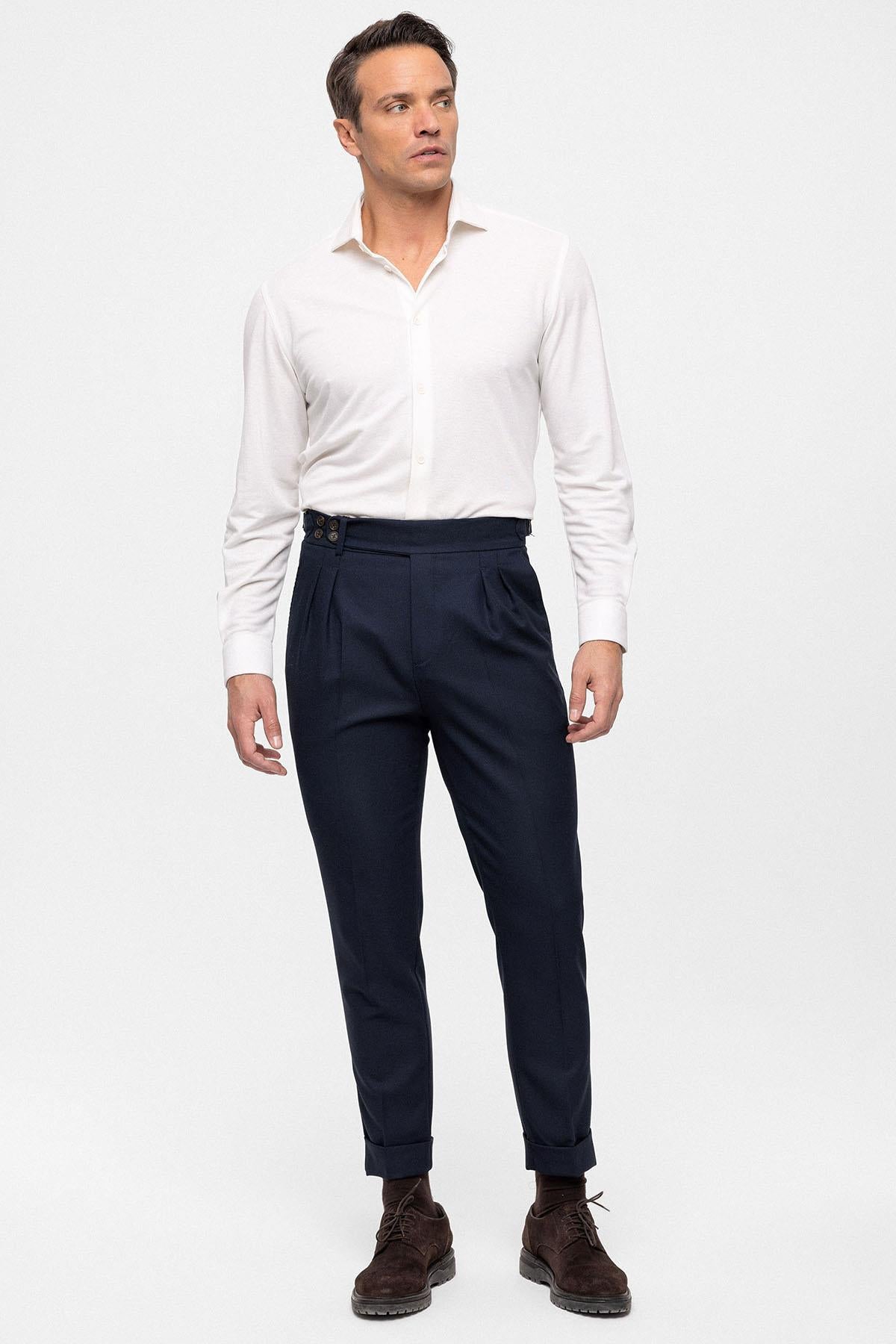 Antioch-Koyu Lacivert Yüksek Bel (Boyfriend) Yandan Tokalı Kemer Detaylı Pileli Kumaş Pantolon-Pantolon-2-Milagron.com