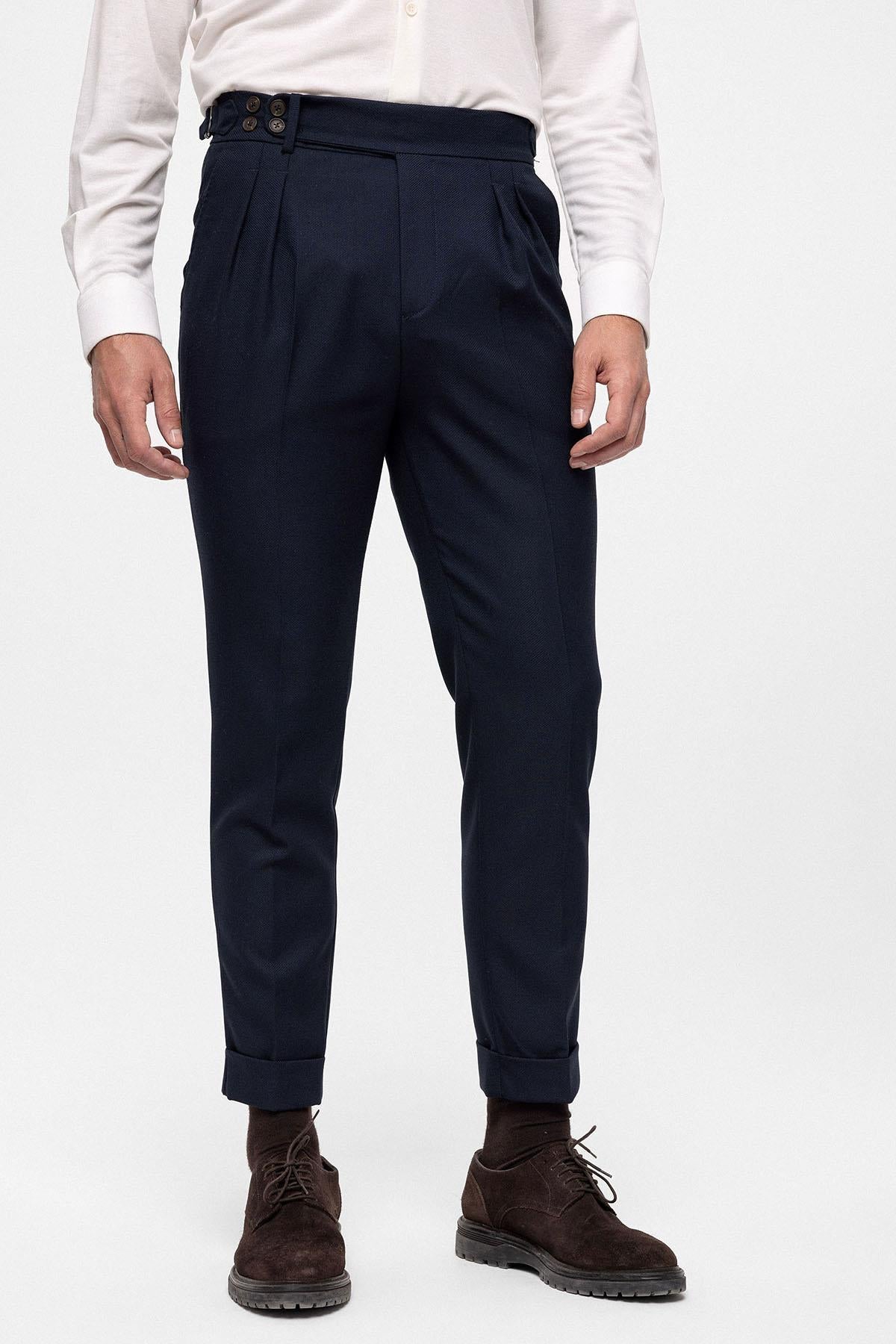 Antioch-Koyu Lacivert Yüksek Bel (Boyfriend) Yandan Tokalı Kemer Detaylı Pileli Kumaş Pantolon-Pantolon-3-Milagron.com