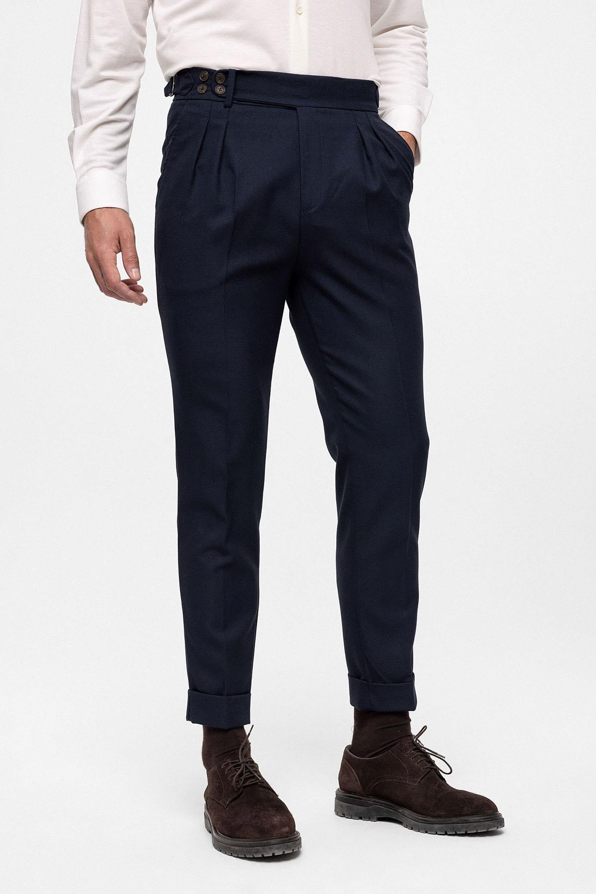 Antioch-Koyu Lacivert Yüksek Bel (Boyfriend) Yandan Tokalı Kemer Detaylı Pileli Kumaş Pantolon-Pantolon-4-Milagron.com