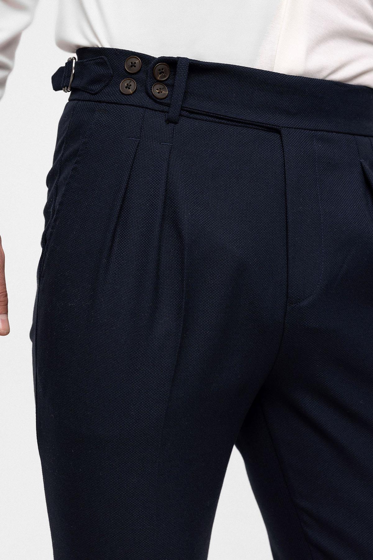 Antioch-Koyu Lacivert Yüksek Bel (Boyfriend) Yandan Tokalı Kemer Detaylı Pileli Kumaş Pantolon-Pantolon-5-Milagron.com