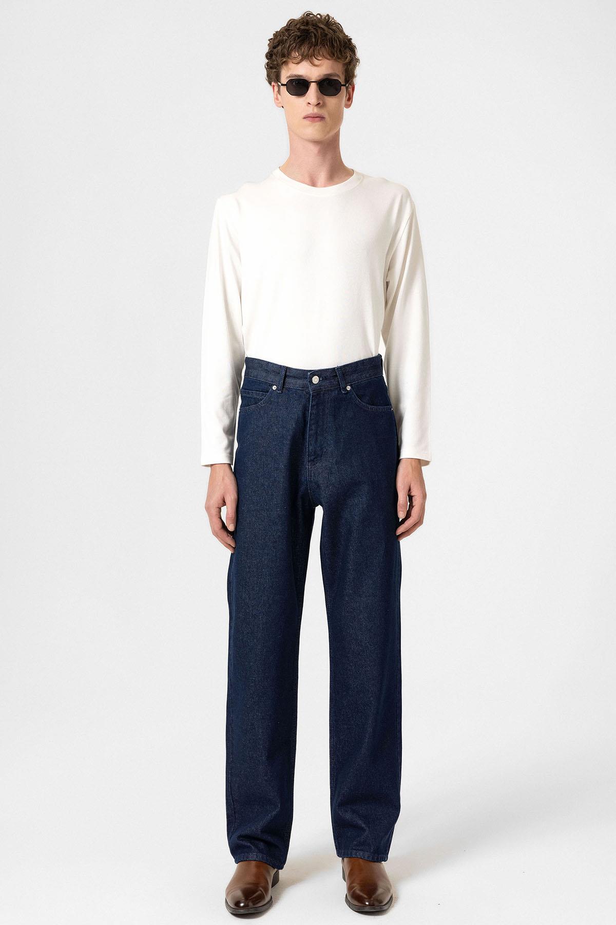 Antioch-Koyu Lacivert Yüksek Bel Relaxed Fit Erkek Kot Pantolon-Kot Pantolon-2-Milagron.com