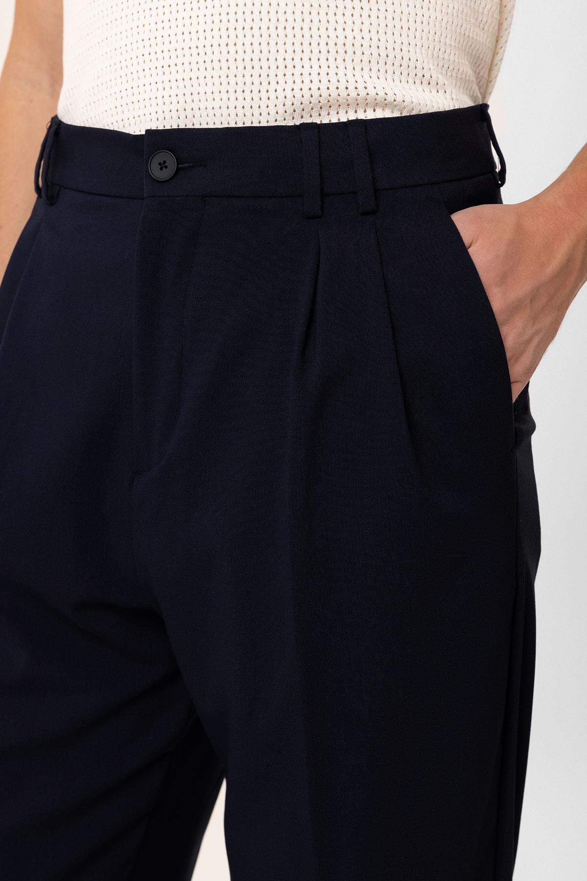 Antioch-Koyu Lacivert çift Pileli Baggy Fit Erkek Pantolon-Kumaş Pantolon-3-Milagron.com