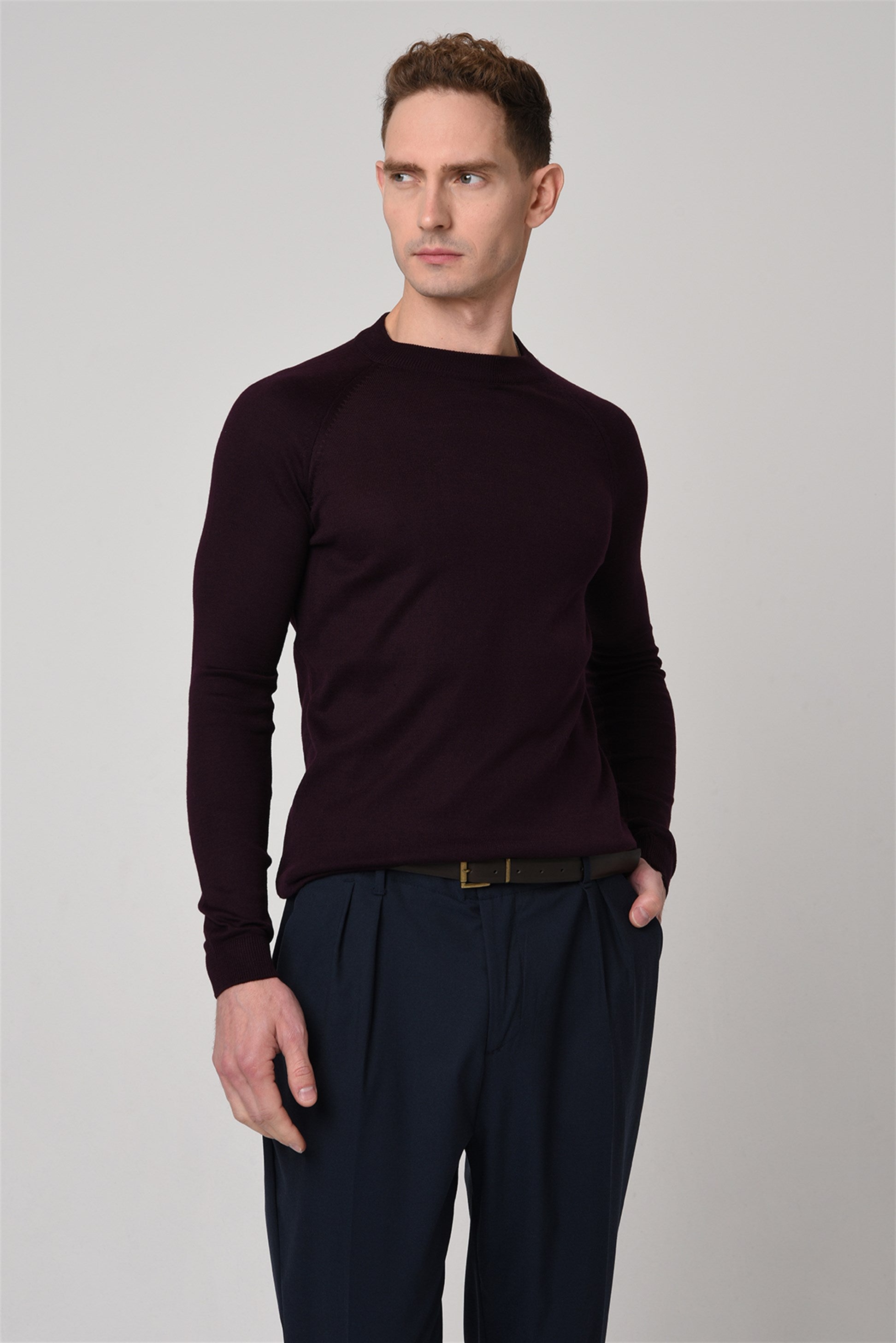 Antioch-Koyu Mürdüm Bisiklet Yaka Slim Fit Triko Kazak-Kazak & Triko-2-Milagron.com