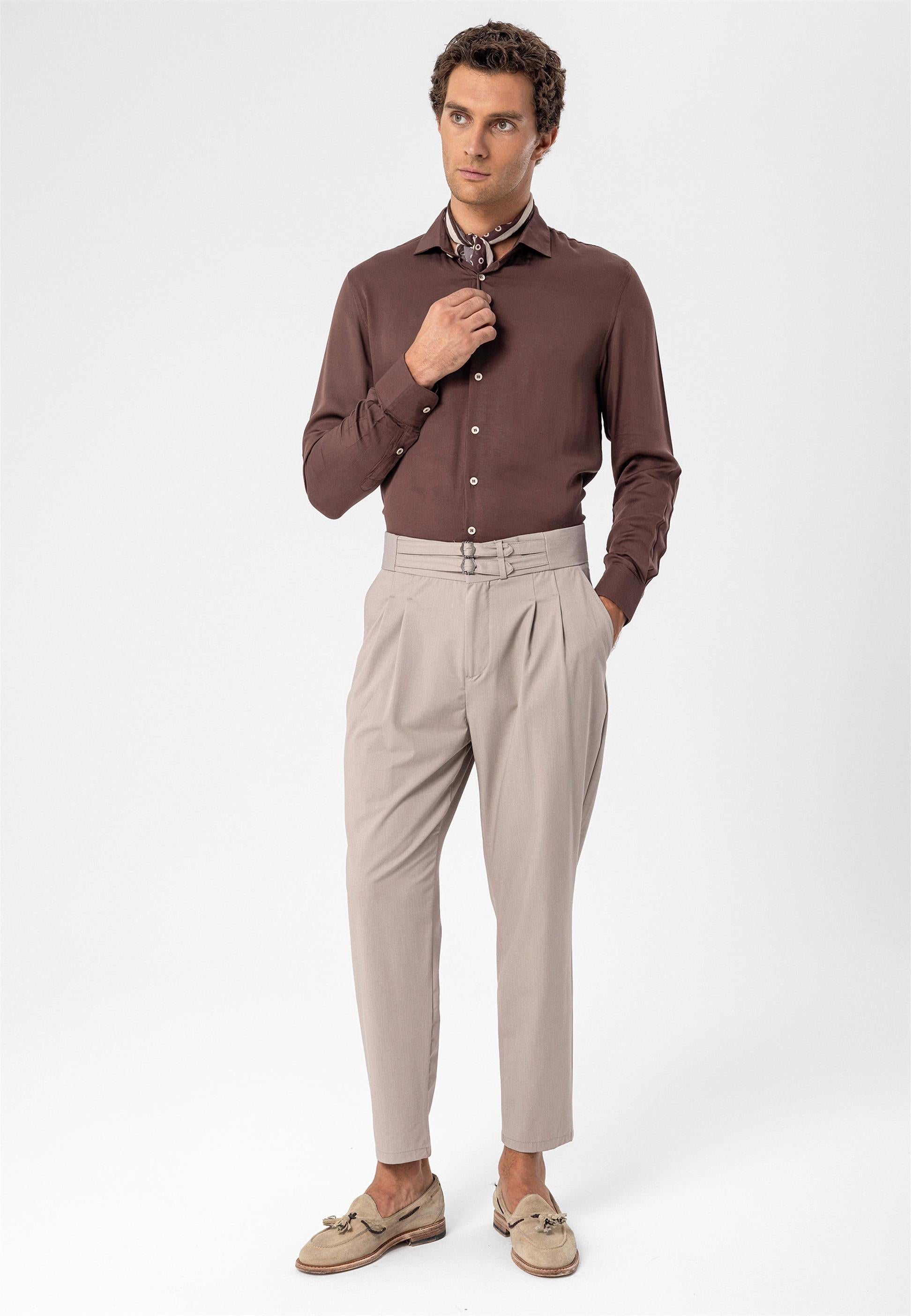 Antioch-Koyu Taş Yüksek Bel Toka Kemerli Pileli Kumaş Pantolon-Pantolon-1-Milagron.com