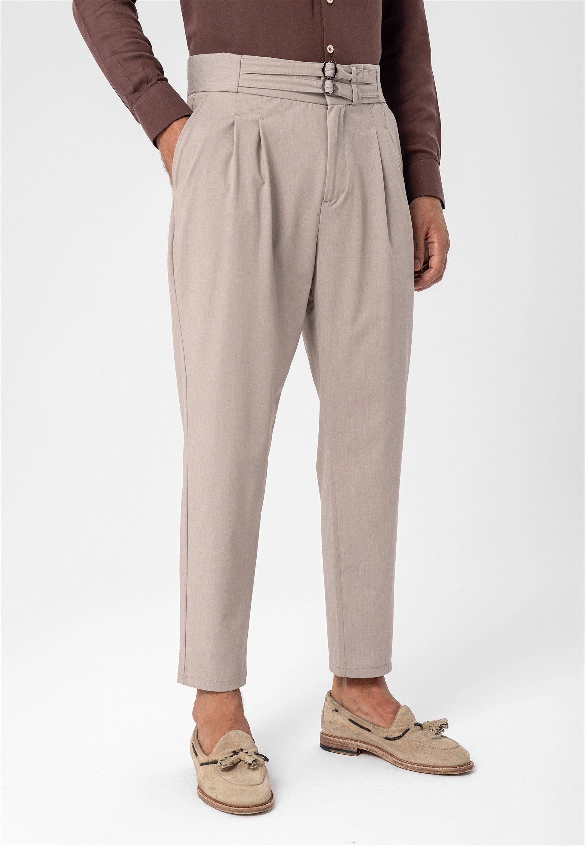 Antioch-Koyu Taş Yüksek Bel Toka Kemerli Pileli Kumaş Pantolon-Pantolon-2-Milagron.com