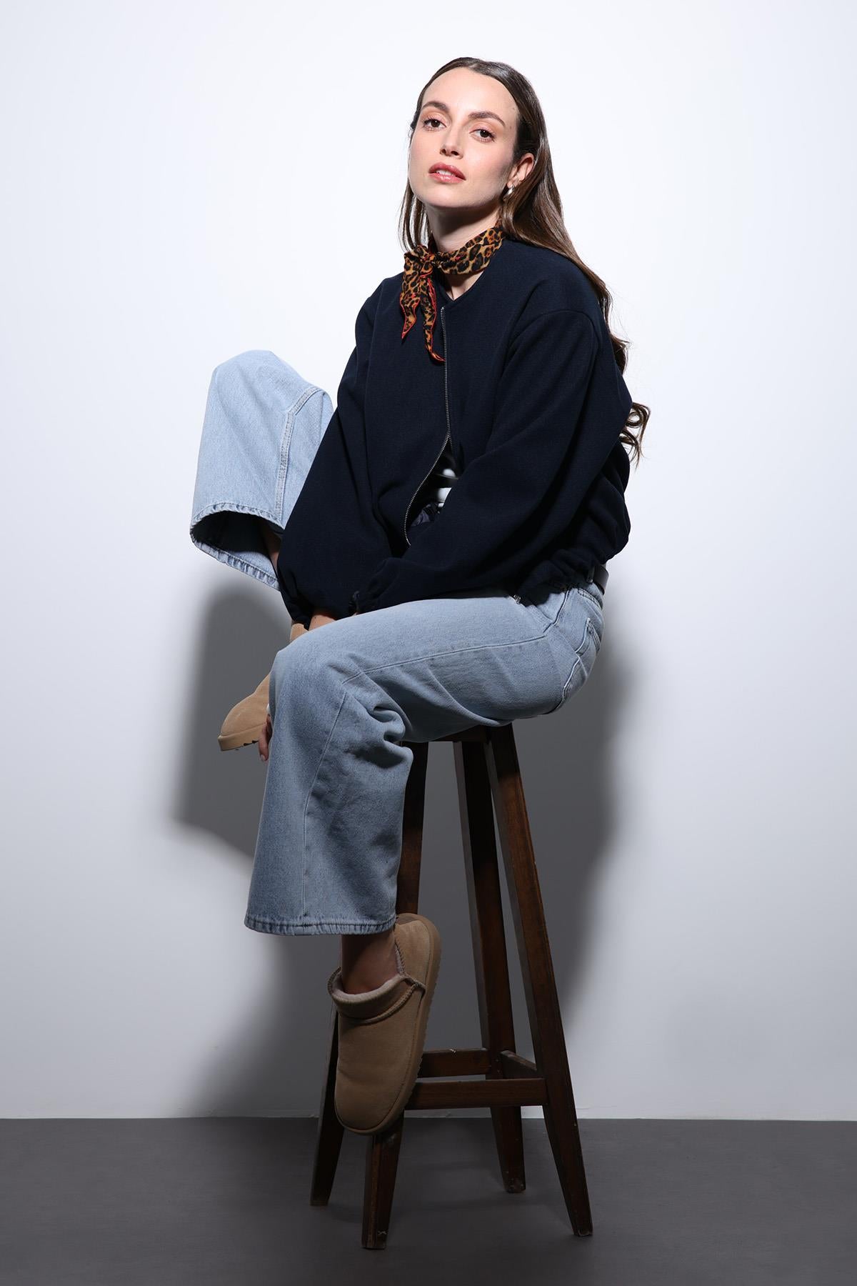 Antioch-Lacivert Bel Lastikli Crop Kadın Mont-Mont-2-Milagron.com