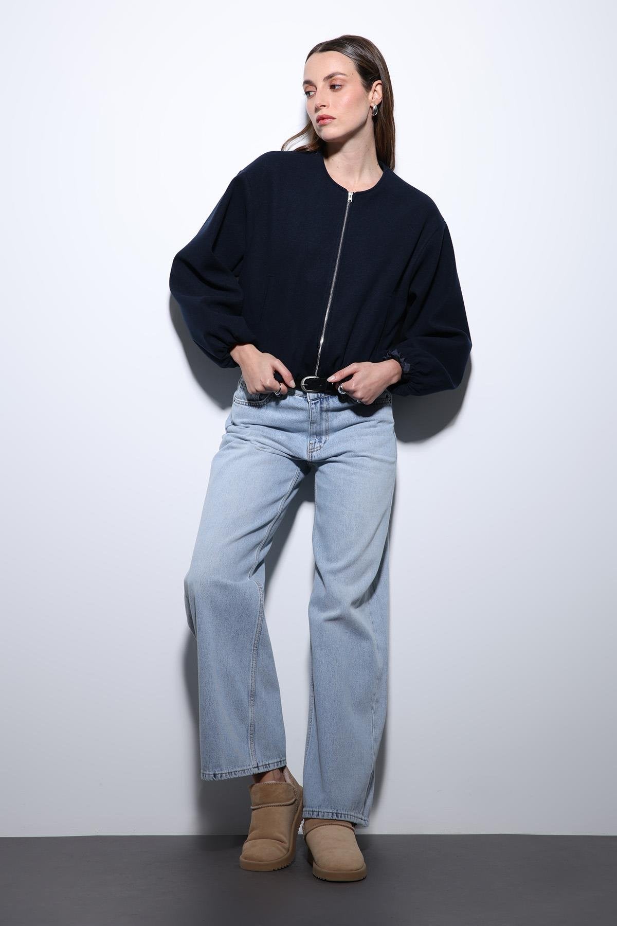 Antioch-Lacivert Bel Lastikli Crop Kadın Mont-Mont-4-Milagron.com