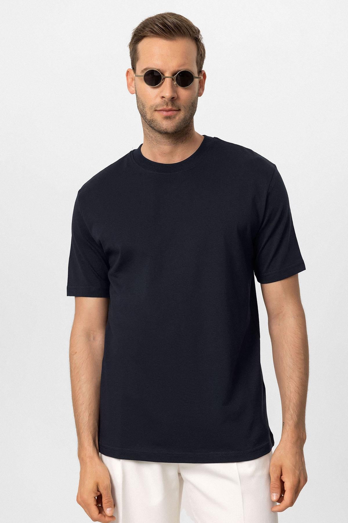Antioch-Lacivert Bisiklet Yaka Basic T Shirt-T-Shirts-1-Milagron.com