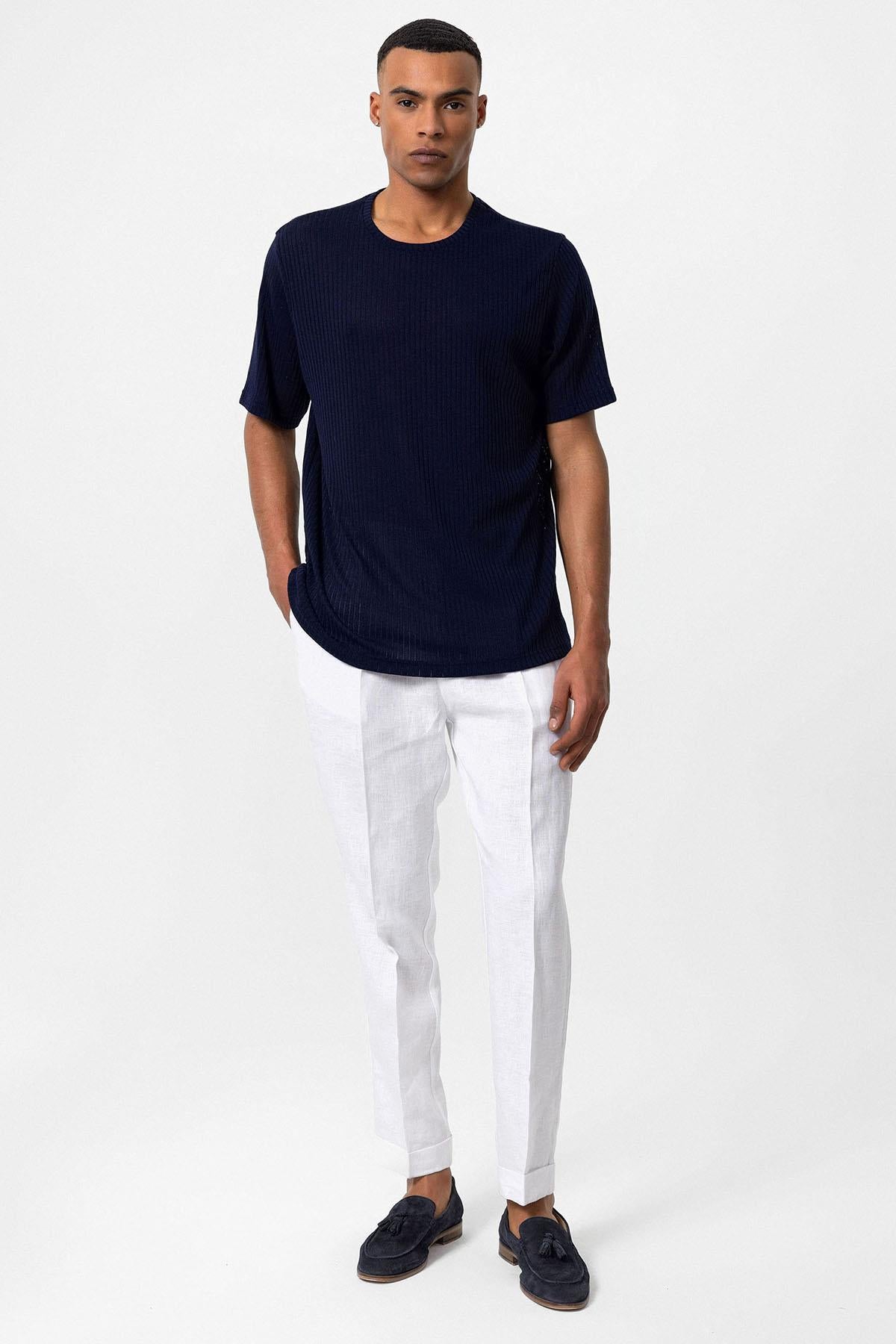 Antioch-Lacivert Bisiklet Yaka Fitilli Erkek T Shirt-T-Shirts-3-Milagron.com