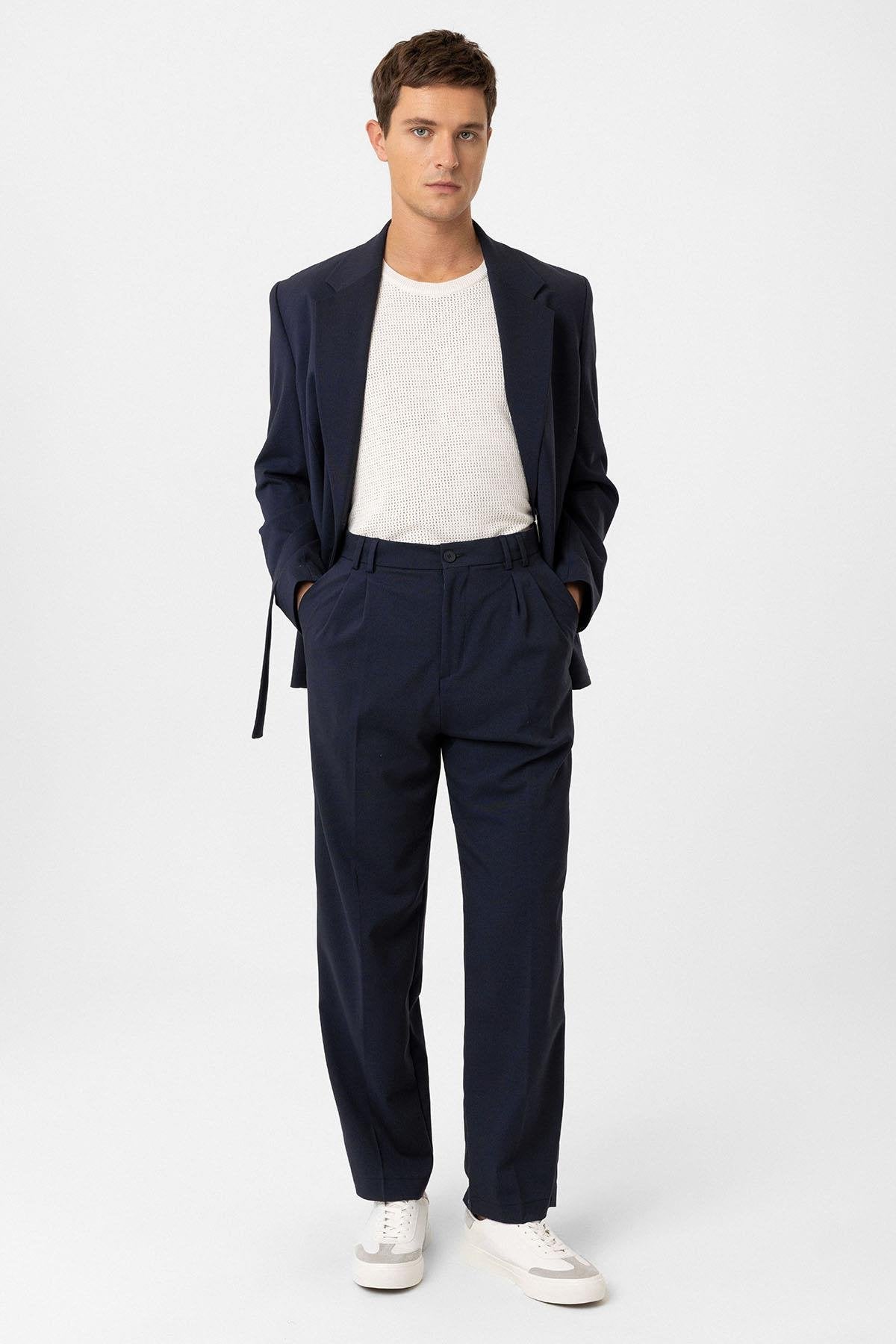 Antioch-Lacivert Çift Pileli Baggy Fit Erkek Pantolon-Kumaş Pantolon-2-Milagron.com