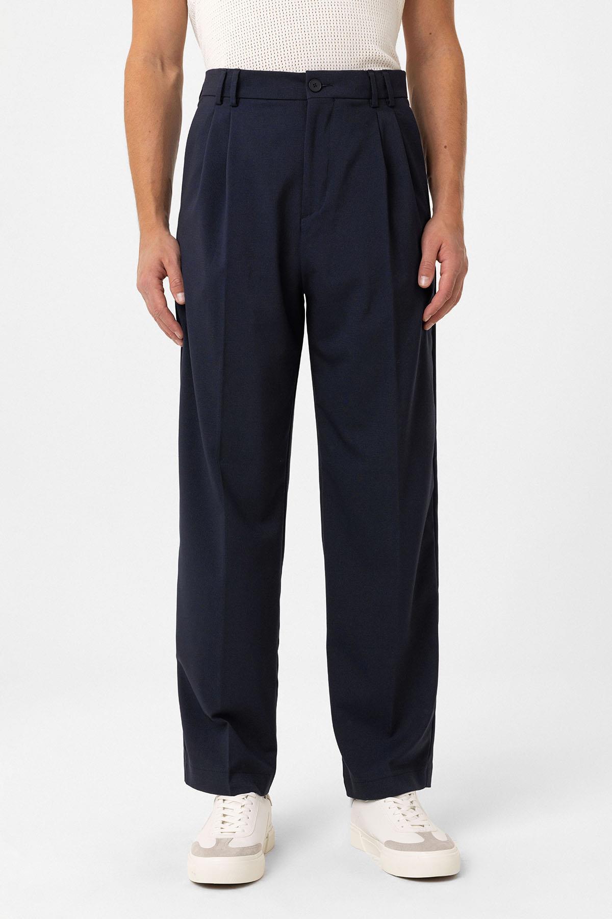 Antioch-Lacivert Çift Pileli Baggy Fit Erkek Pantolon-Kumaş Pantolon-3-Milagron.com