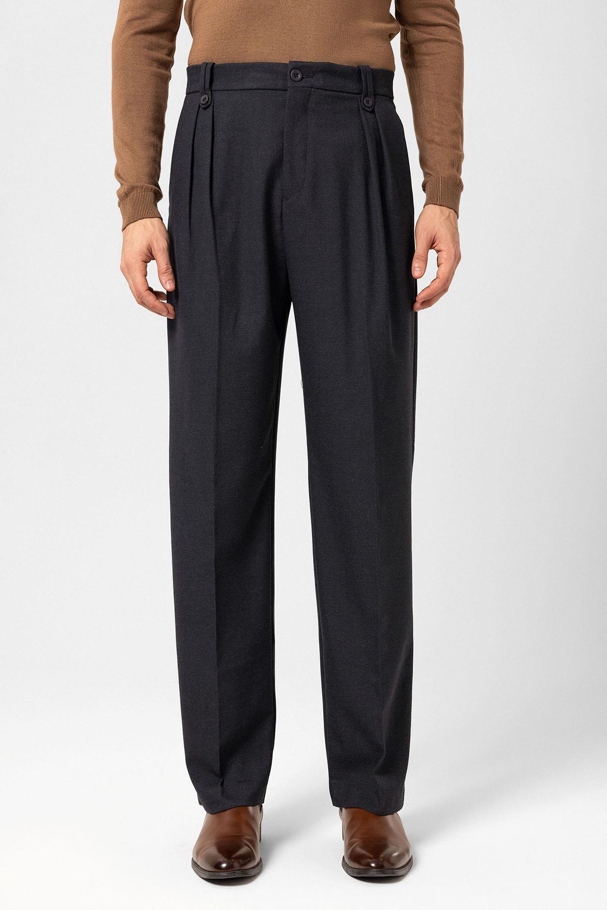 Antioch-Lacivert Çift Pileli Yüksek Bel Erkek Pantolon-Kumaş Pantolon-1-Milagron.com