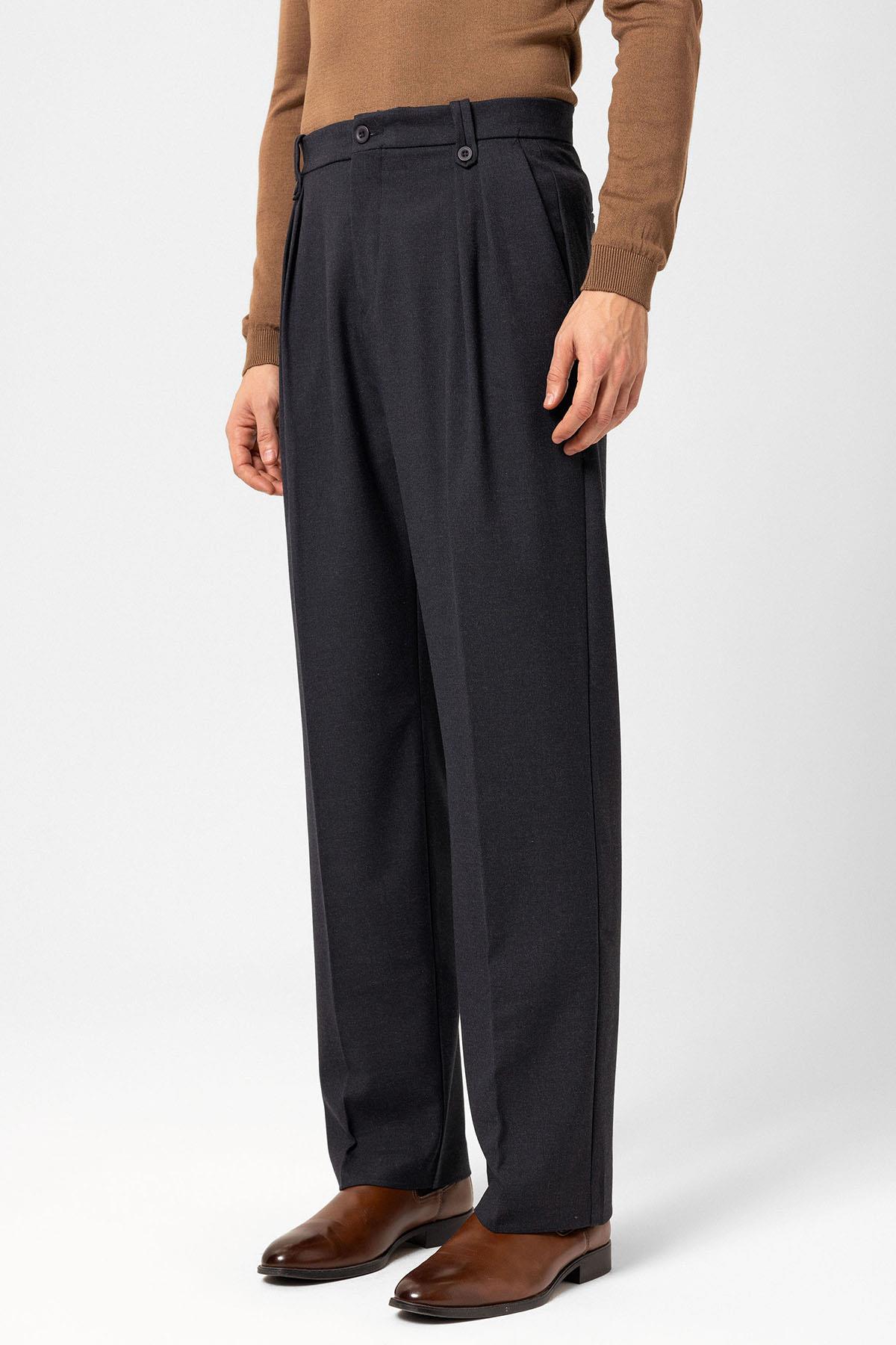 Antioch-Lacivert Çift Pileli Yüksek Bel Erkek Pantolon-Kumaş Pantolon-3-Milagron.com