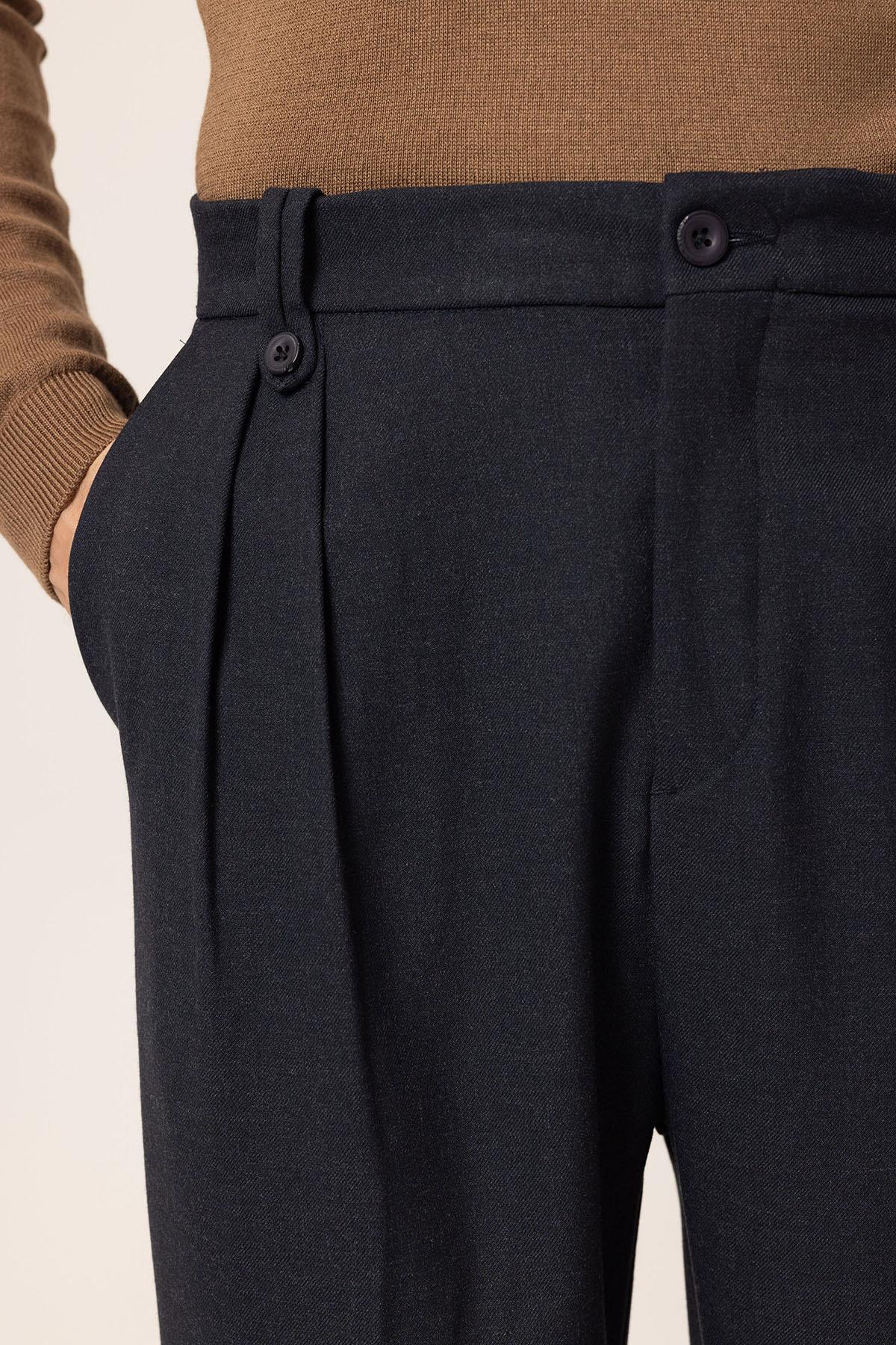 Antioch-Lacivert Çift Pileli Yüksek Bel Erkek Pantolon-Kumaş Pantolon-4-Milagron.com