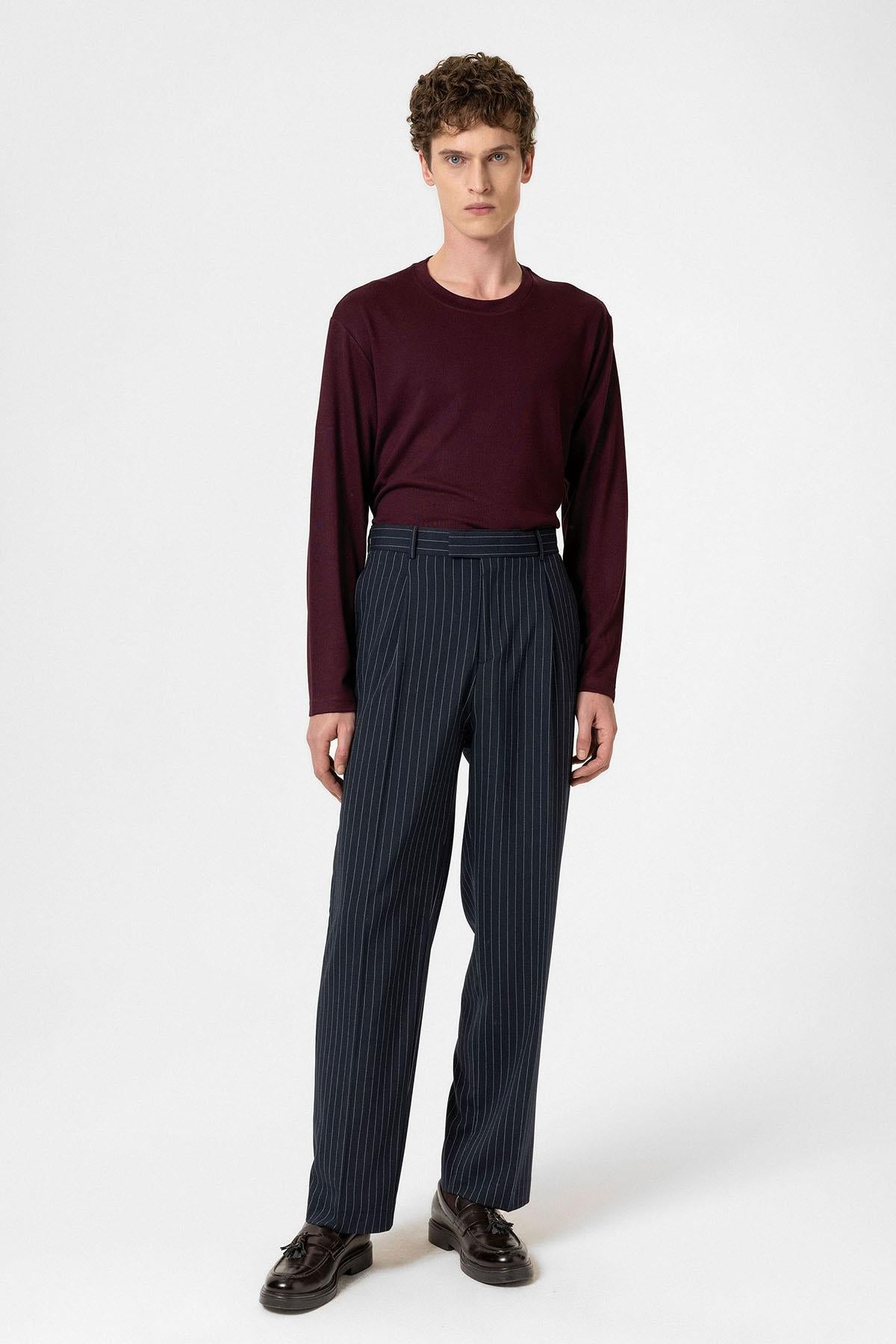 Antioch-Lacivert Çizgili Relaxed Fit Erkek Pantolon-Kumaş Pantolon-2-Milagron.com