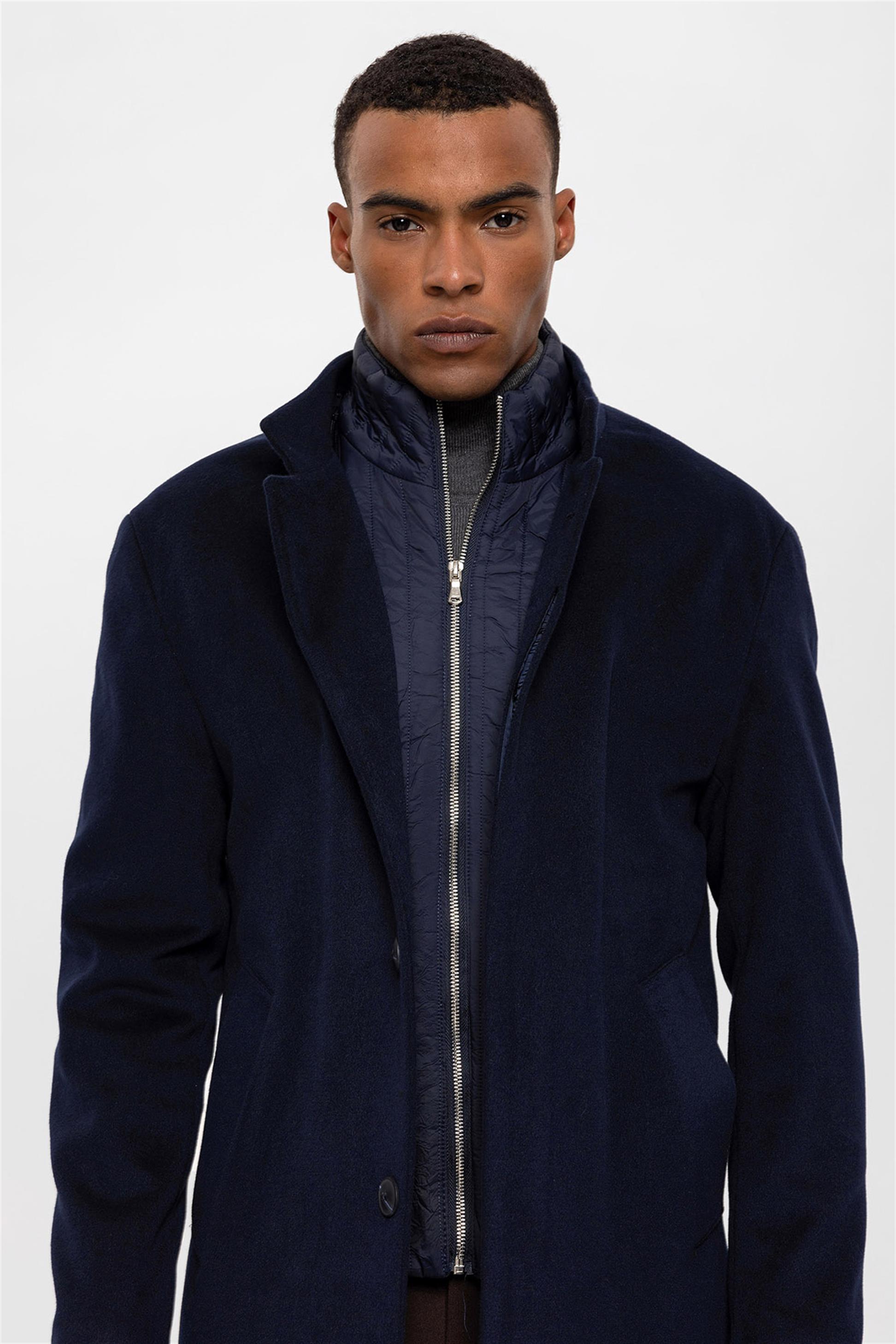 Antioch-Lacivert Dik Yaka Gizli Düğme Detaylı Erkek Kaban-Kaban-4-Milagron.com