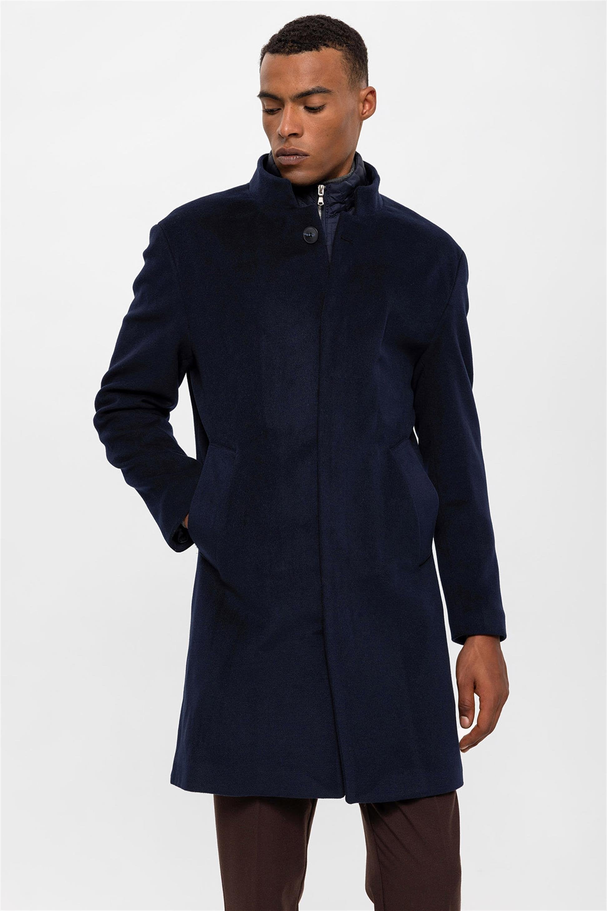 Antioch-Lacivert Dik Yaka Gizli Düğme Detaylı Erkek Kaban-Kaban-6-Milagron.com