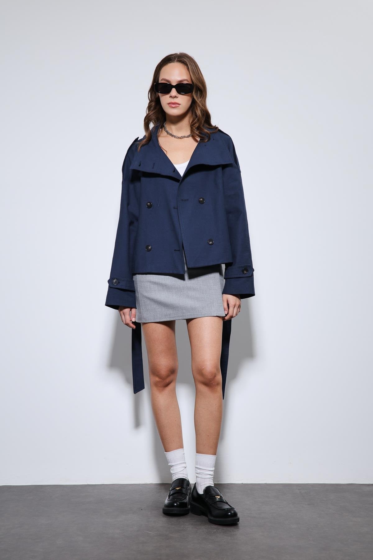 Antioch-Lacivert Dik Yaka Kruvaze Trençkot-Trençkot-3-Milagron.com