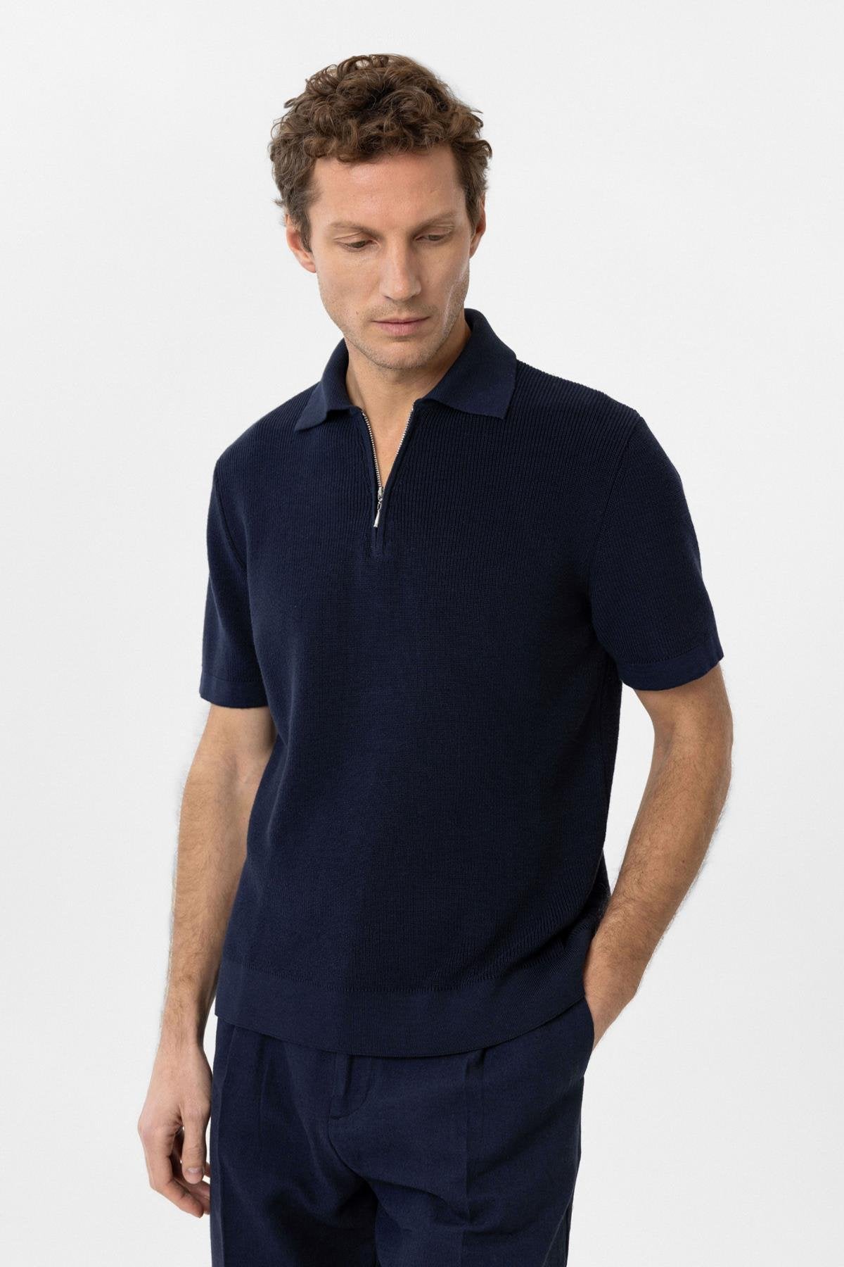 Antioch-Lacivert Fermuarlı Dokuma Erkek Polo Yaka Triko T Shirt-T-Shirts-3-Milagron.com