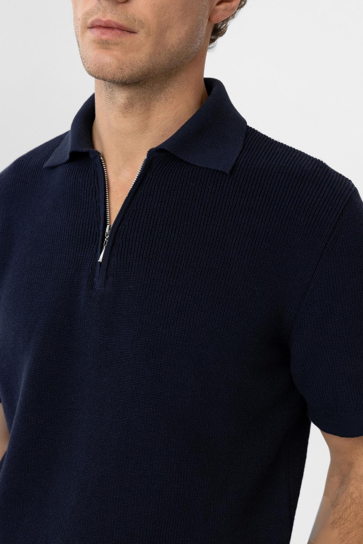 Antioch-Lacivert Fermuarlı Dokuma Erkek Polo Yaka Triko T Shirt-T-Shirts-4-Milagron.com