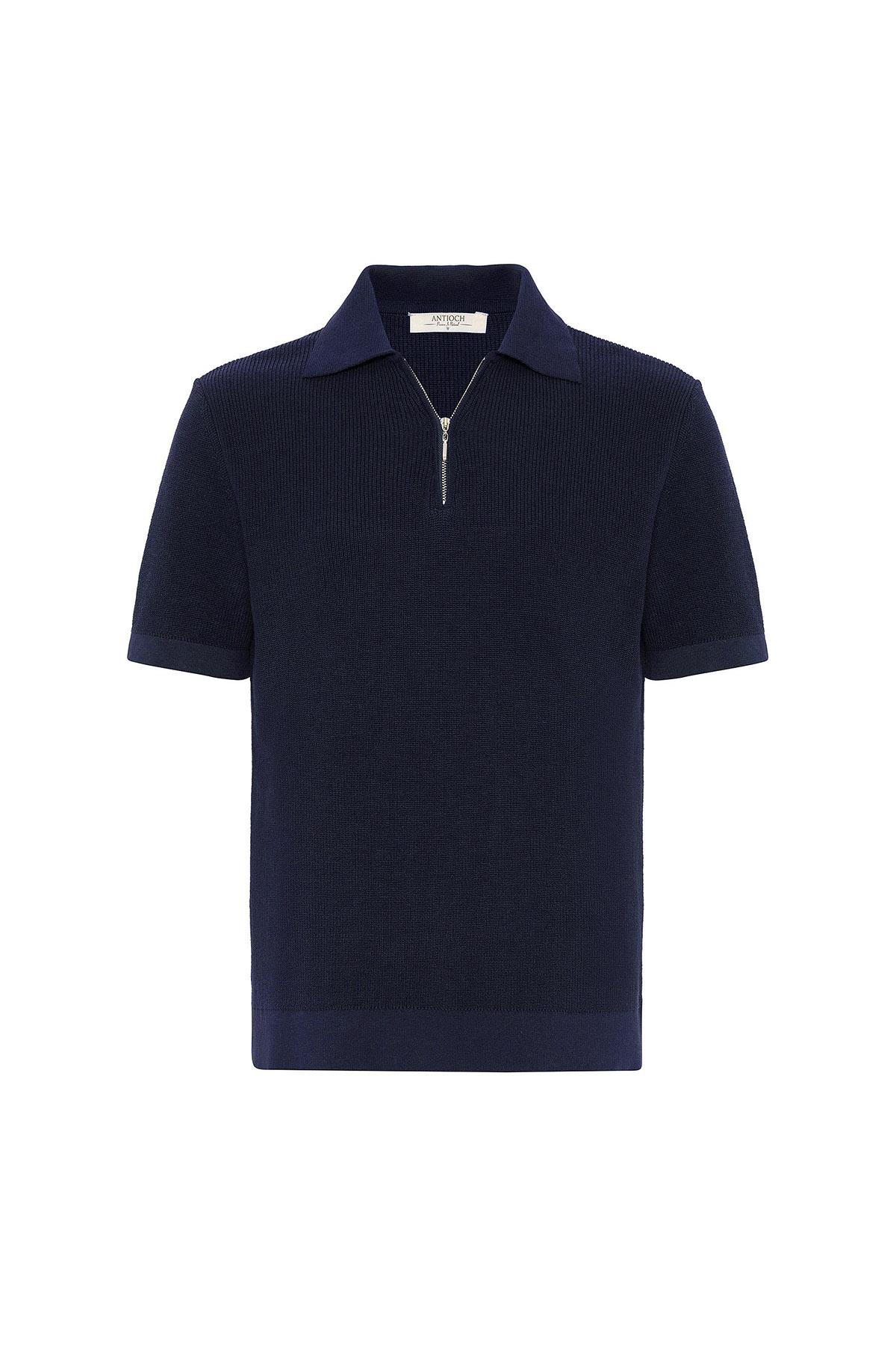 Antioch-Lacivert Fermuarlı Dokuma Erkek Polo Yaka Triko T Shirt-T-Shirts-6-Milagron.com