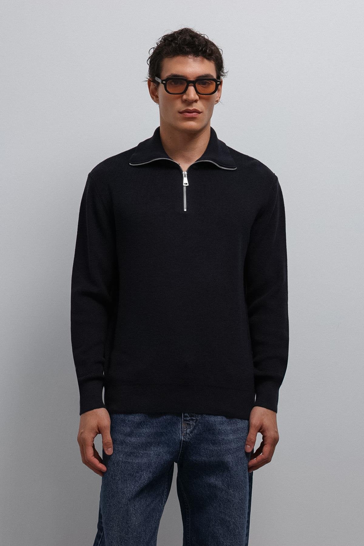 Antioch-Lacivert Fermuarlı Triko Erkek Kazak-Kazak-1-Milagron.com